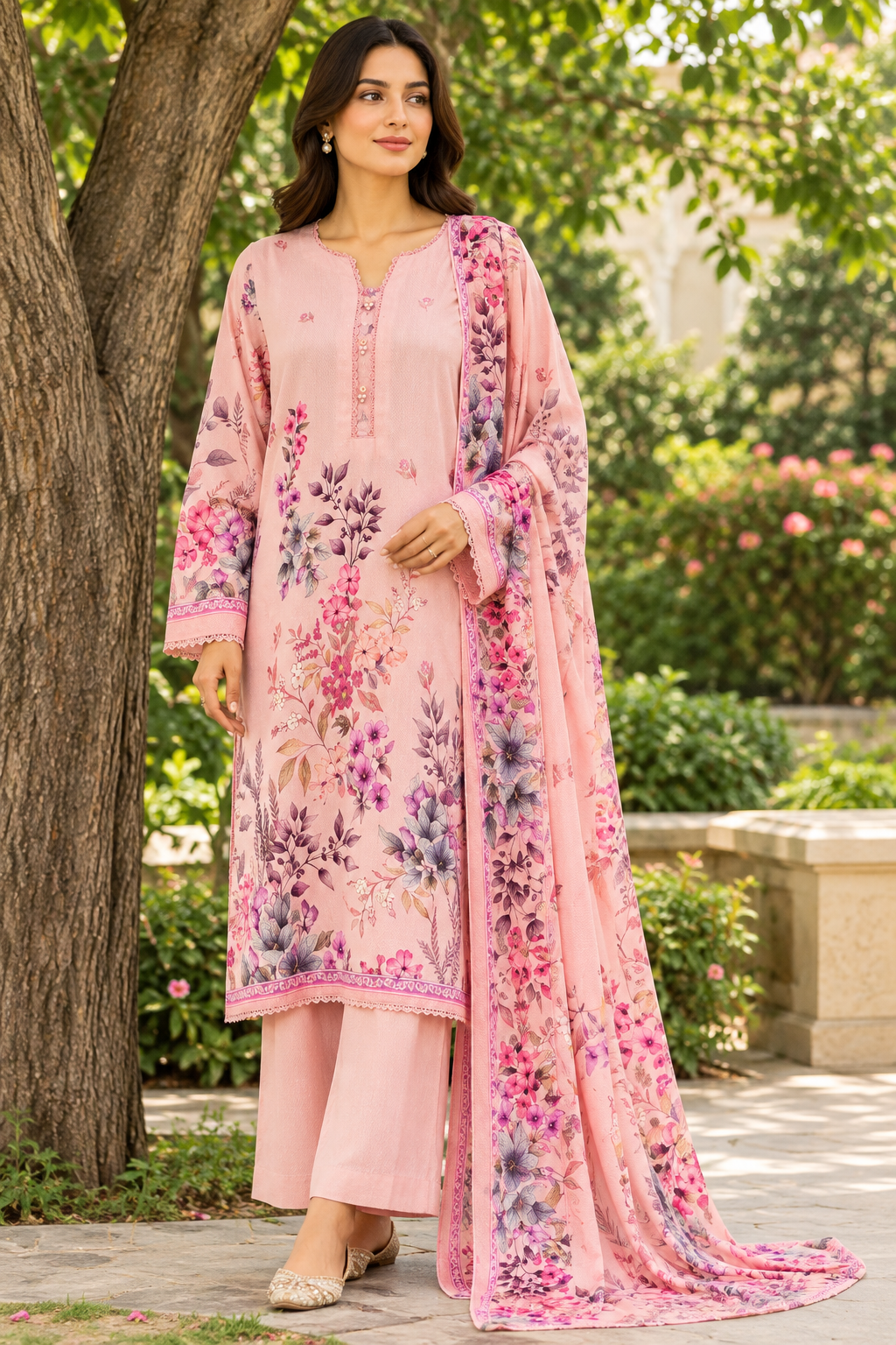 Women's blush pink unstitched viscose suit with lace-trimmed edges