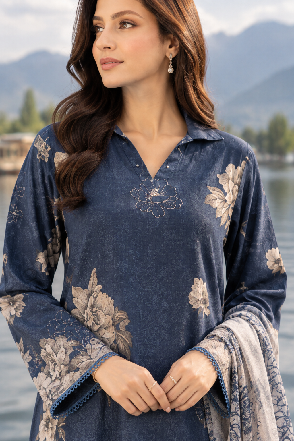 Women's midnight blue unstitched viscose suit with embroidered neckline motif
