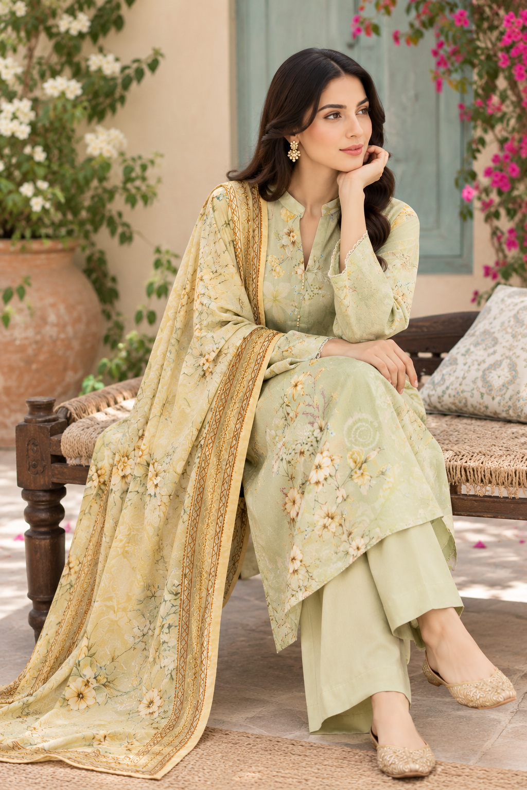 Sage green unstitched 3 Pcs Viscose suit for women with printed dupatta