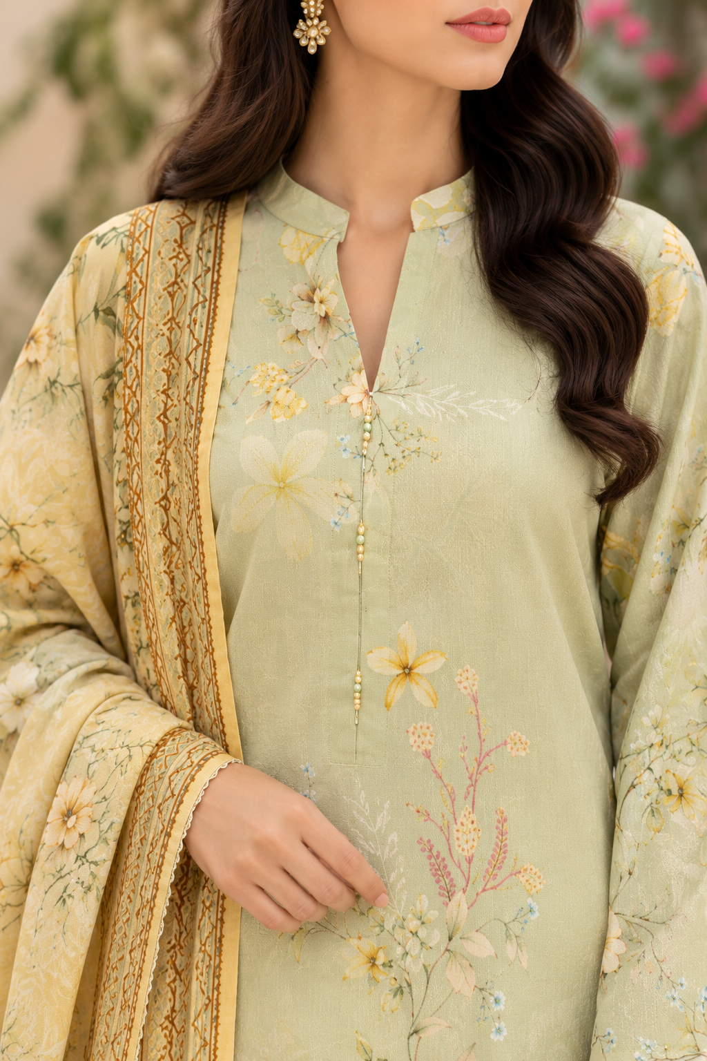 Women's sage green unstitched viscose suit with placket bead detailing