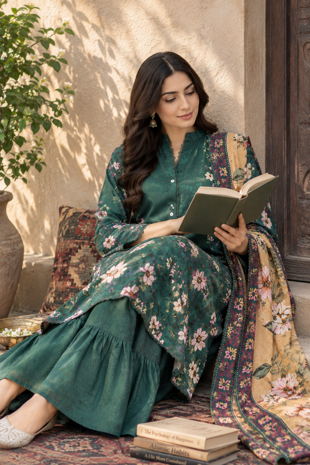 Bottle green unstitched 3 Pcs Viscose suit for women with mustard floral-border dupatta