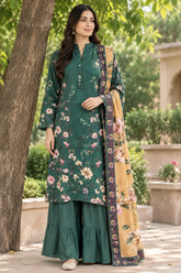 3 Pcs Unstitched Printed Dobby Viscose Suit in bottle green for women