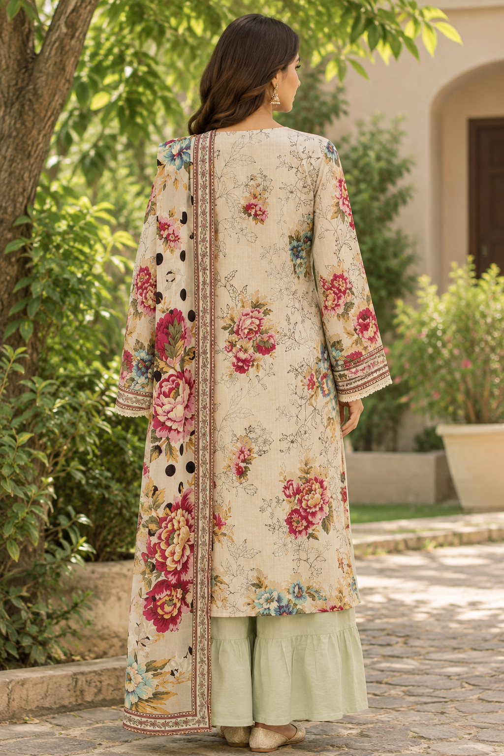 Beige pink floral print on unstitched viscose suit for women