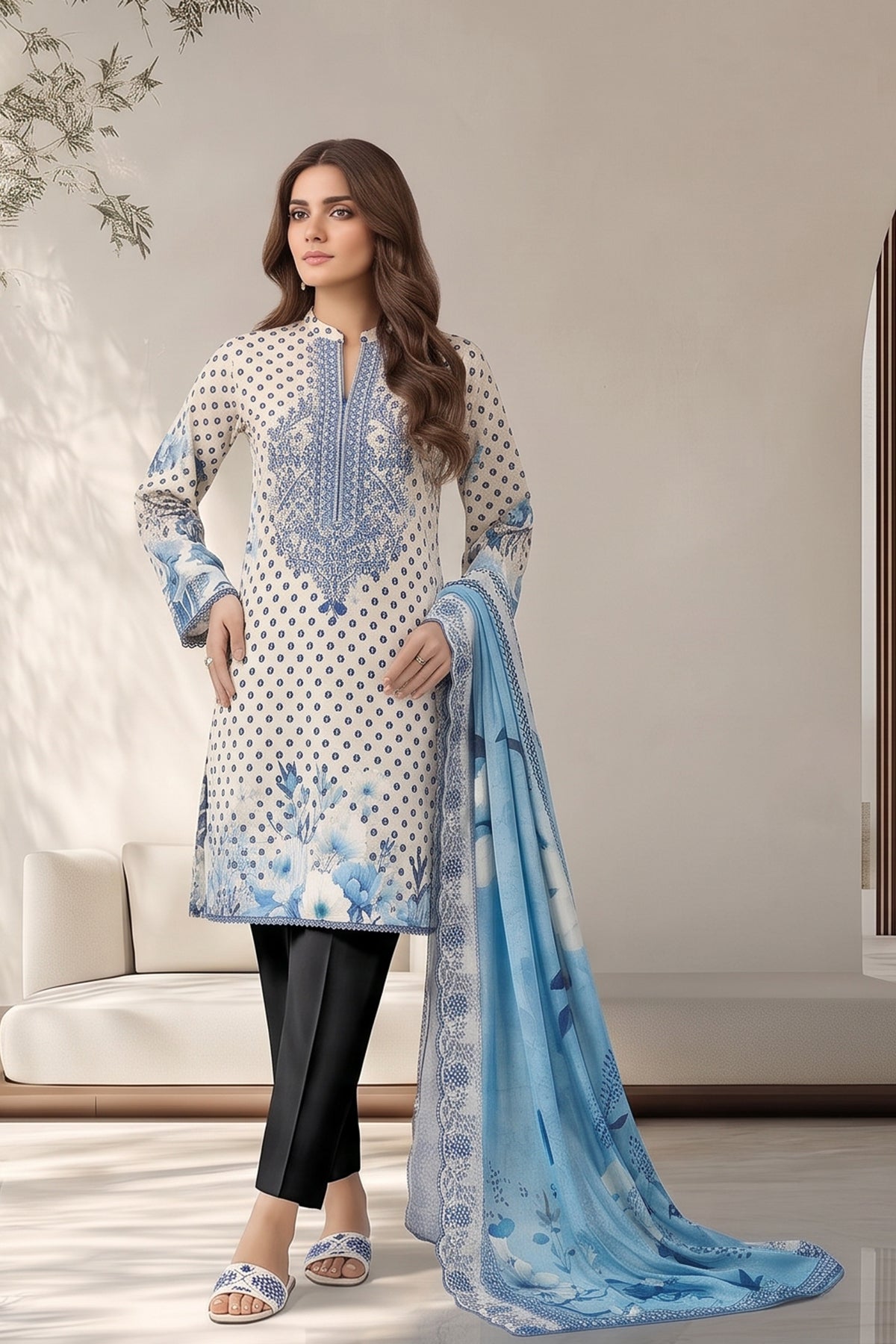3 pcs Unstitched Printed Embroidered Khaddar Suit