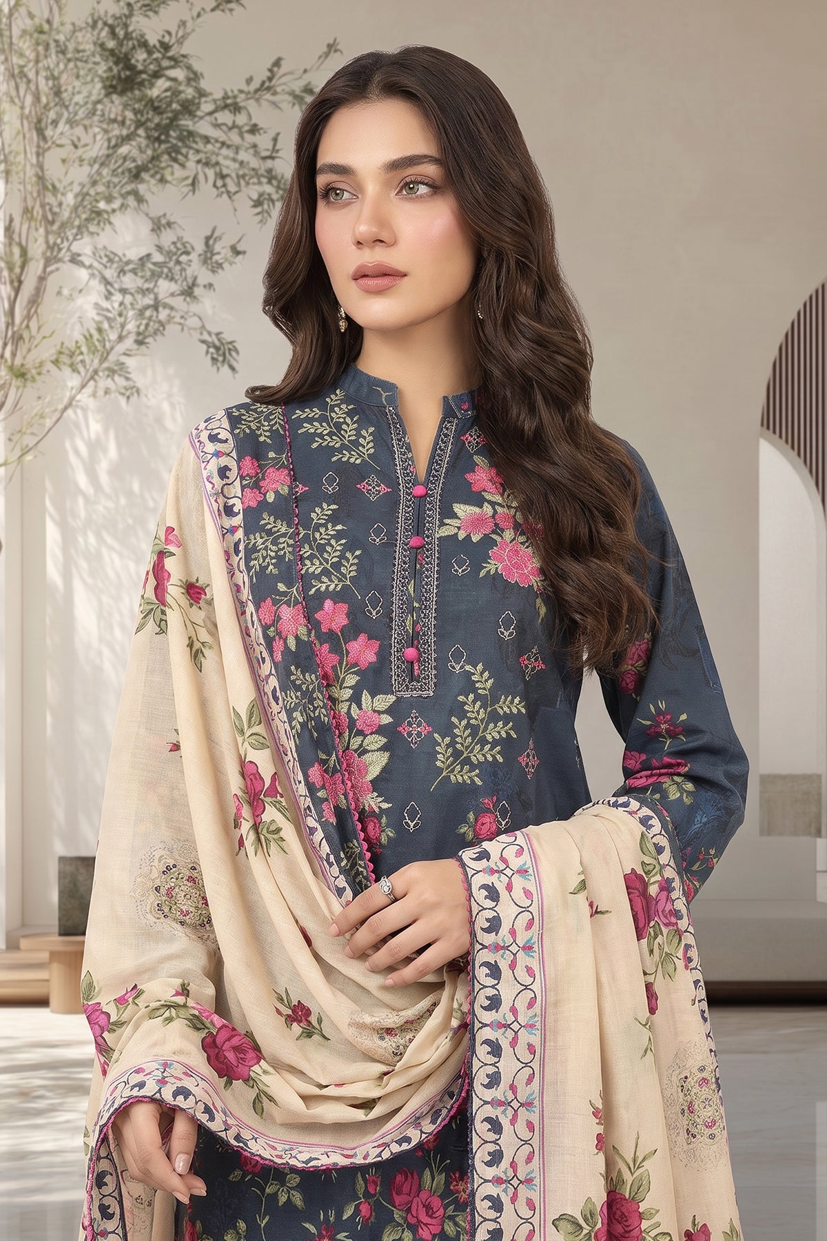 3 pcs Unstitched Printed Embroidered Khaddar Suit
