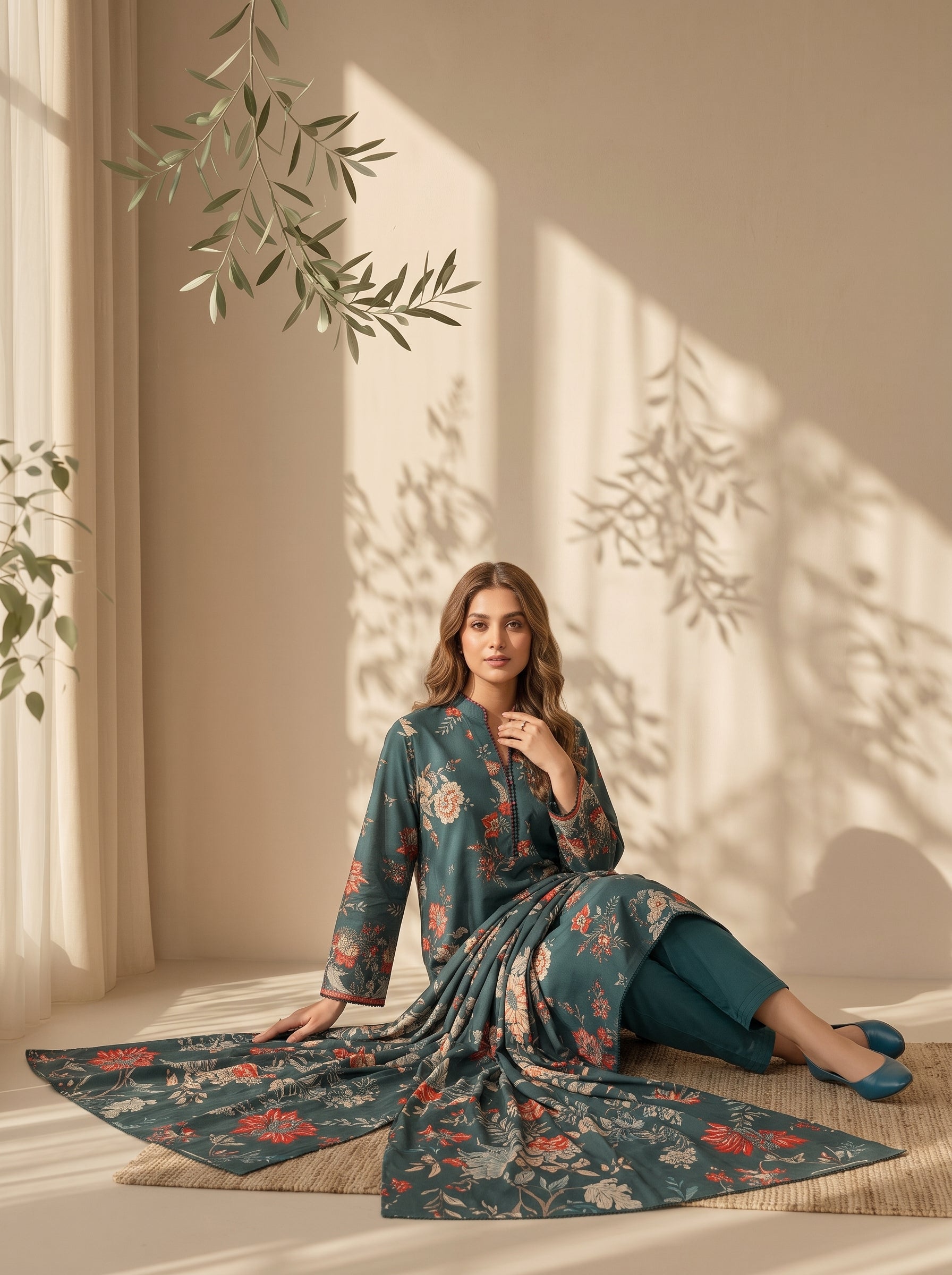 Deep teal rust and ivory floral print on unstitched viscose suit for women