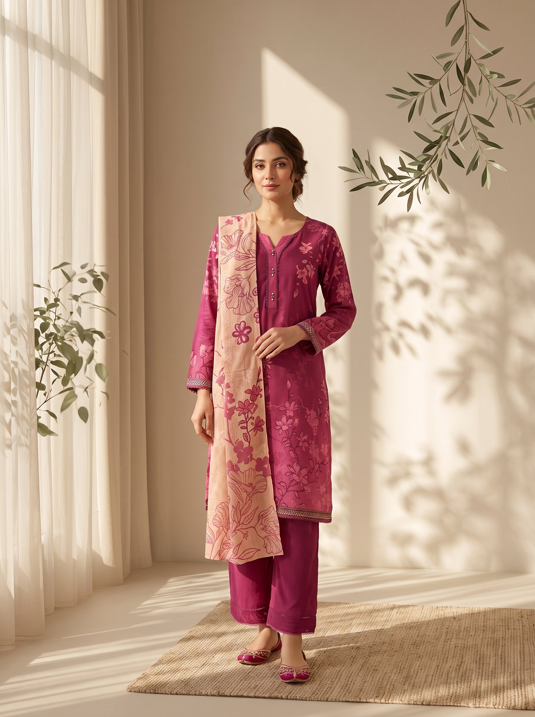 3 Pcs Unstitched Printed Dobby Viscose Suit in berry magenta for women