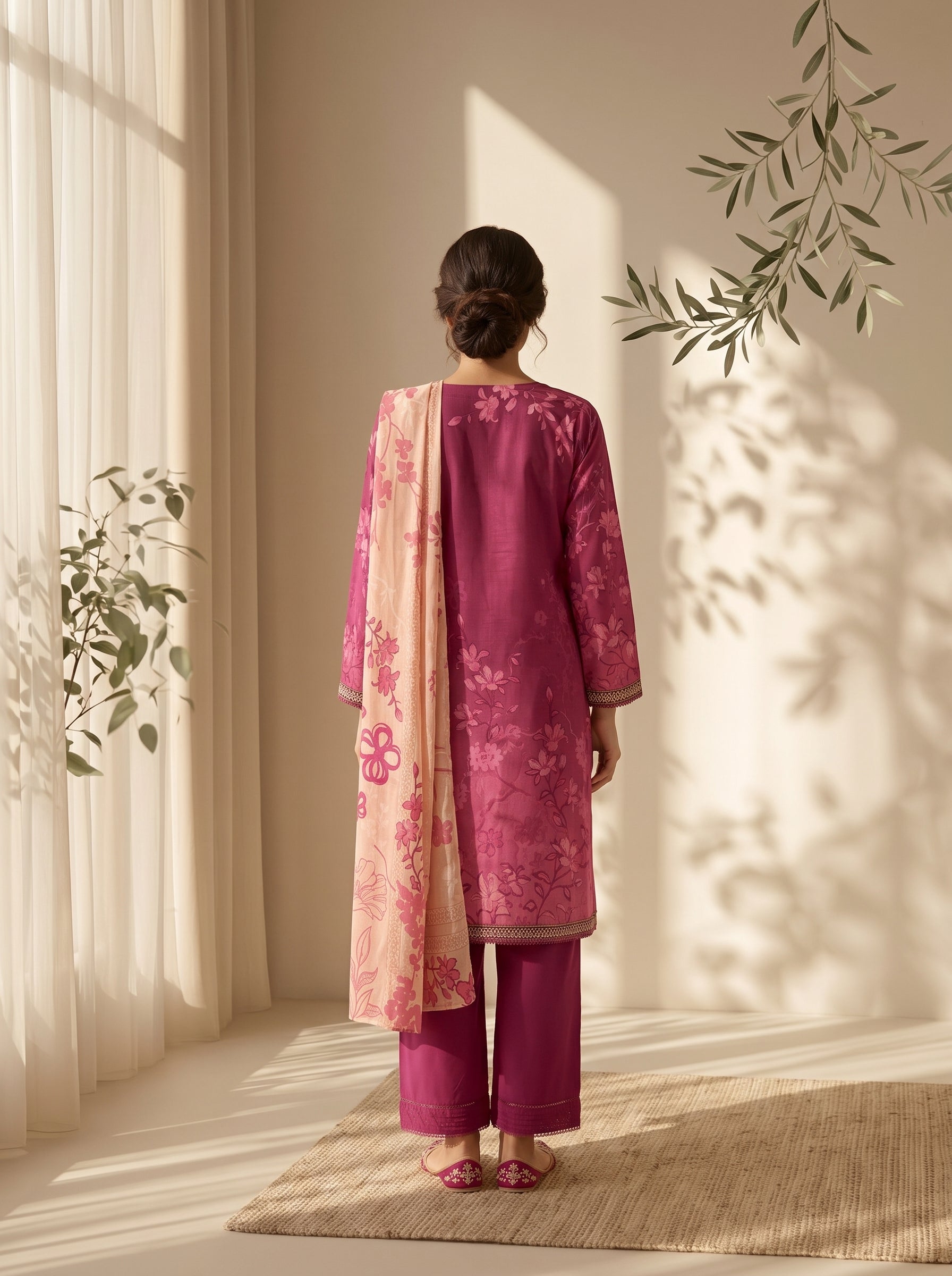 Berry magenta tonal floral print on unstitched viscose suit for women