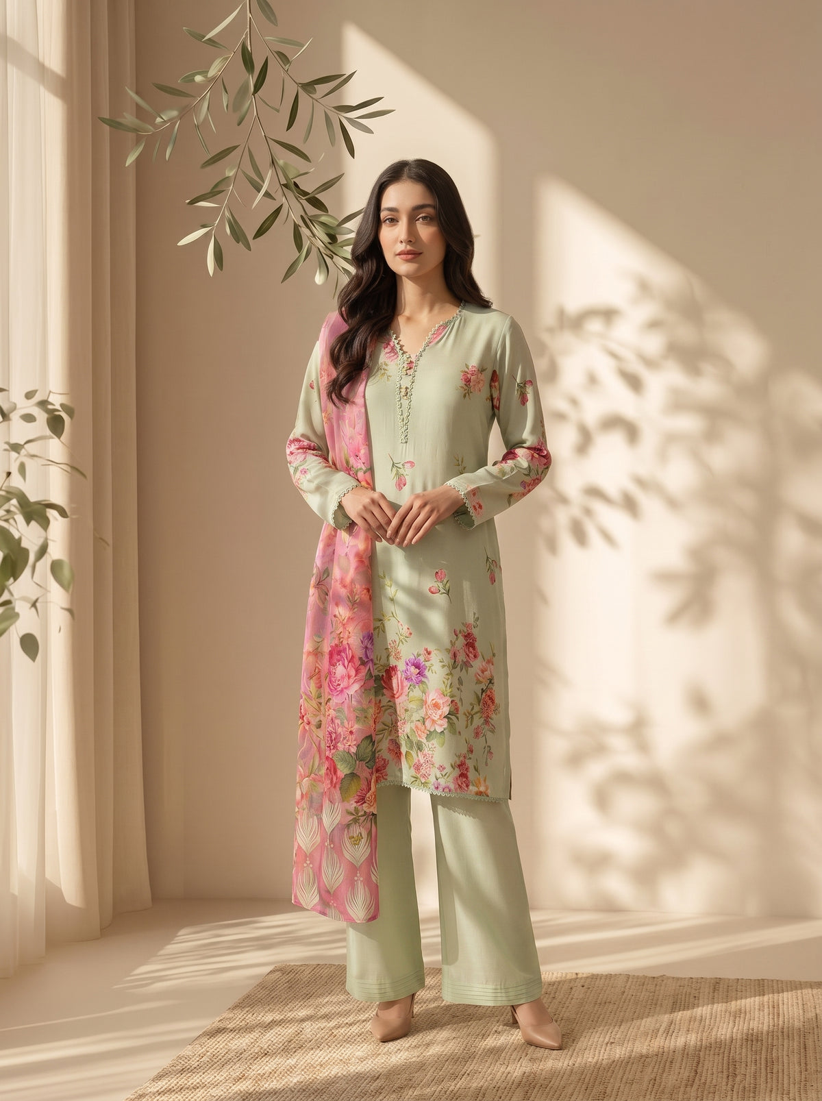 3 Pcs Unstitched Printed Dobby Viscose Suit in pistachio green for women