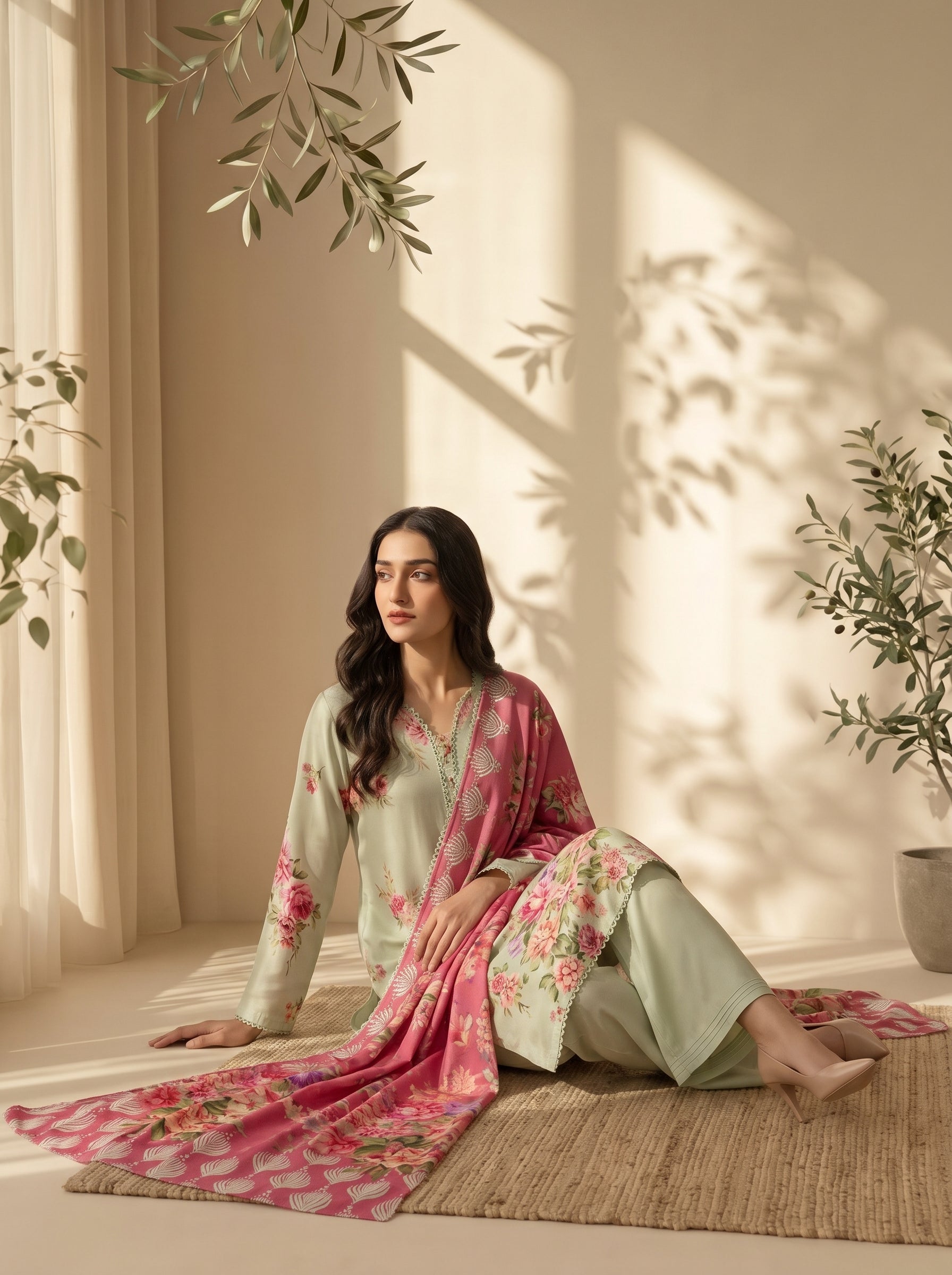 Pistachio green floral daman print on unstitched viscose suit for women