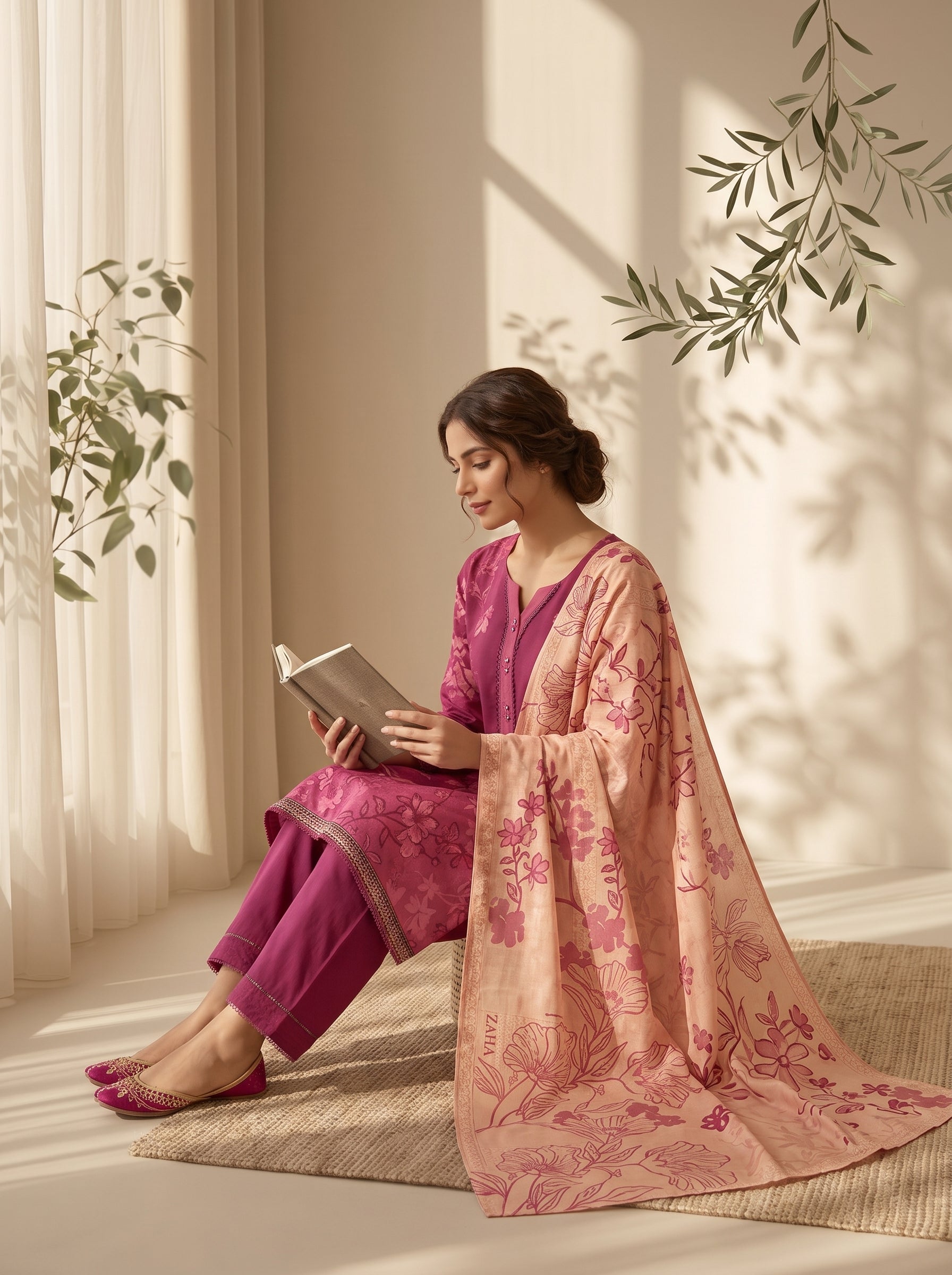 Berry magenta unstitched 3 Pcs Viscose suit for women with peach floral dupatta