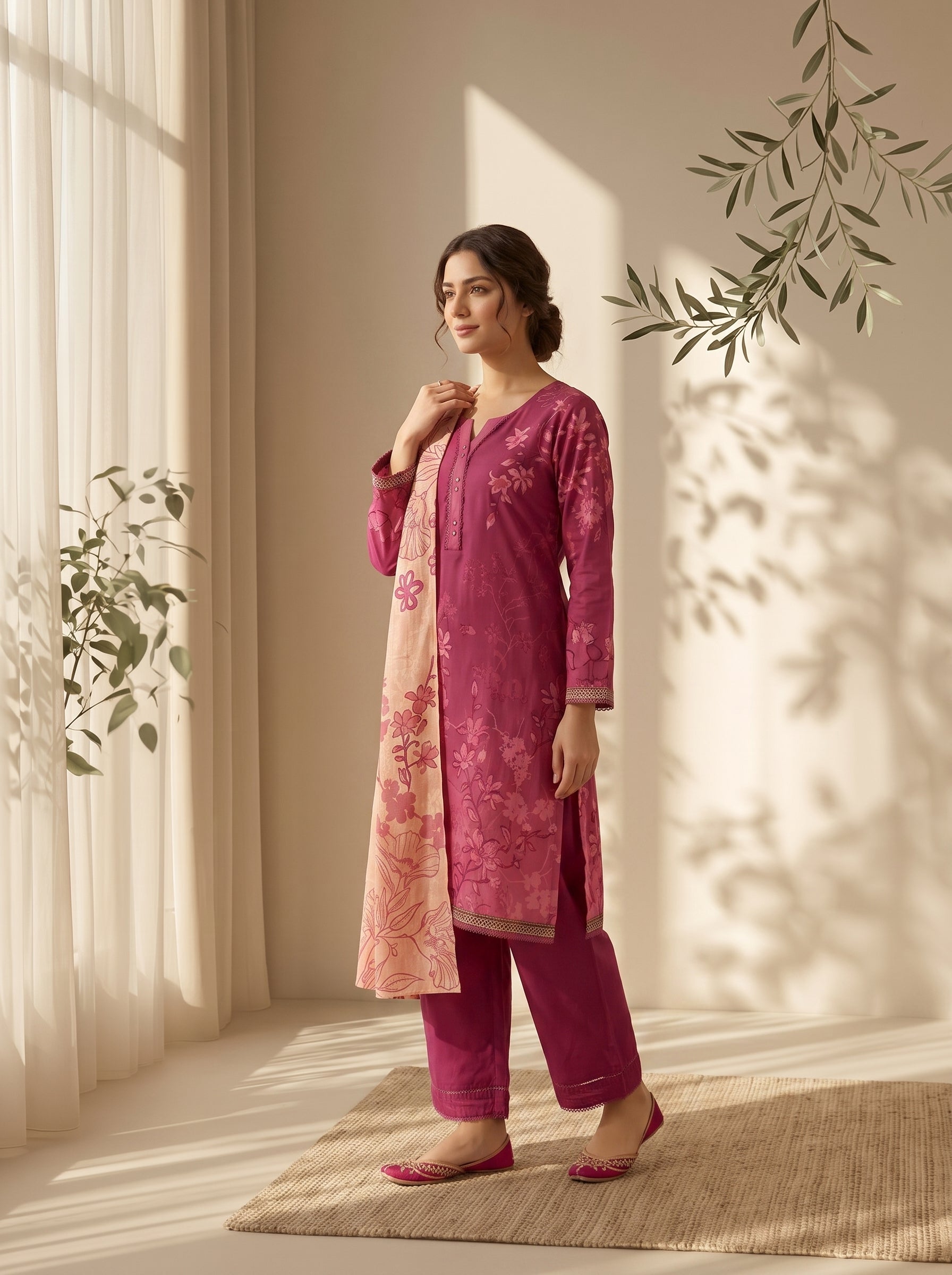 Women's berry magenta unstitched viscose suit with fine lace trims