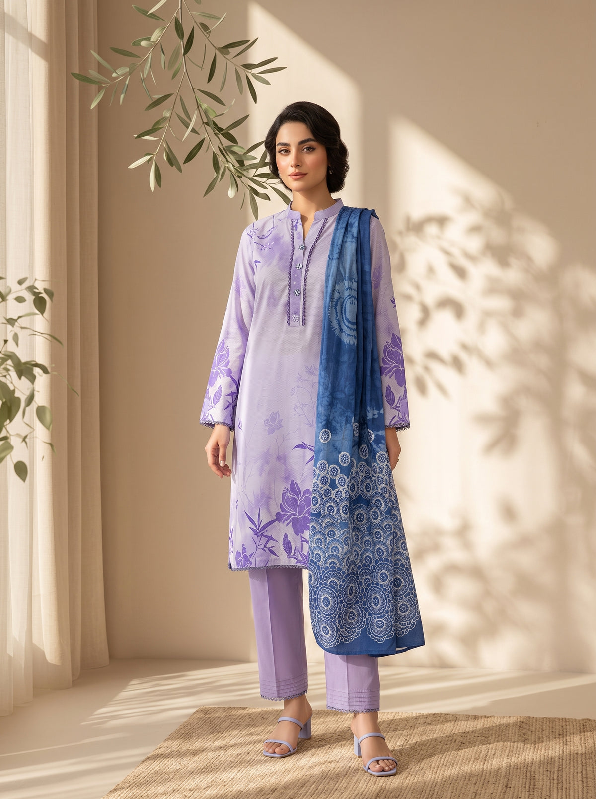 3 Pcs Unstitched Printed Dobby Viscose Suit in soft lilac for women
