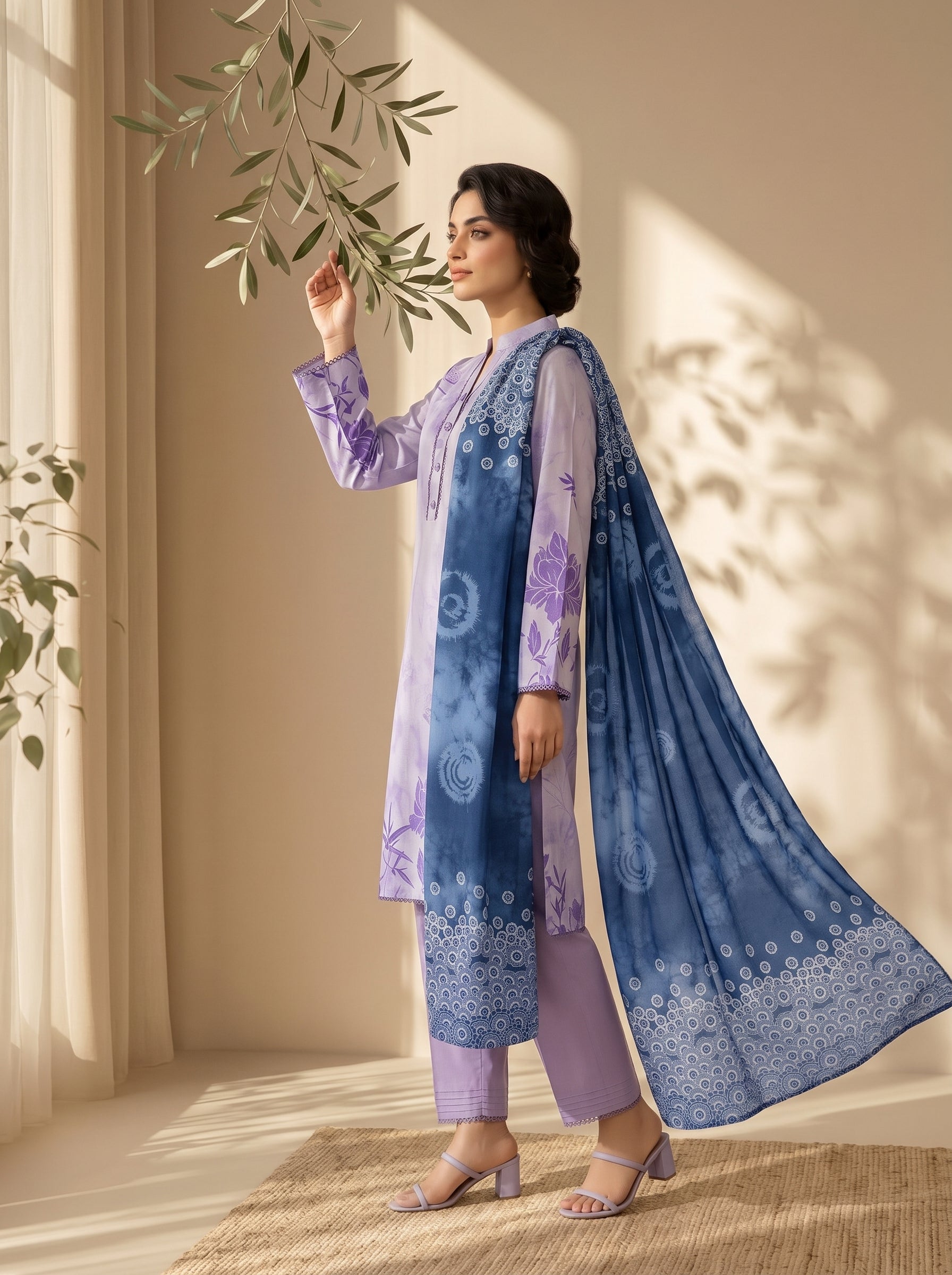 Soft lilac unstitched 3 Pcs Viscose suit for women with royal blue tie-dye paisley dupatta