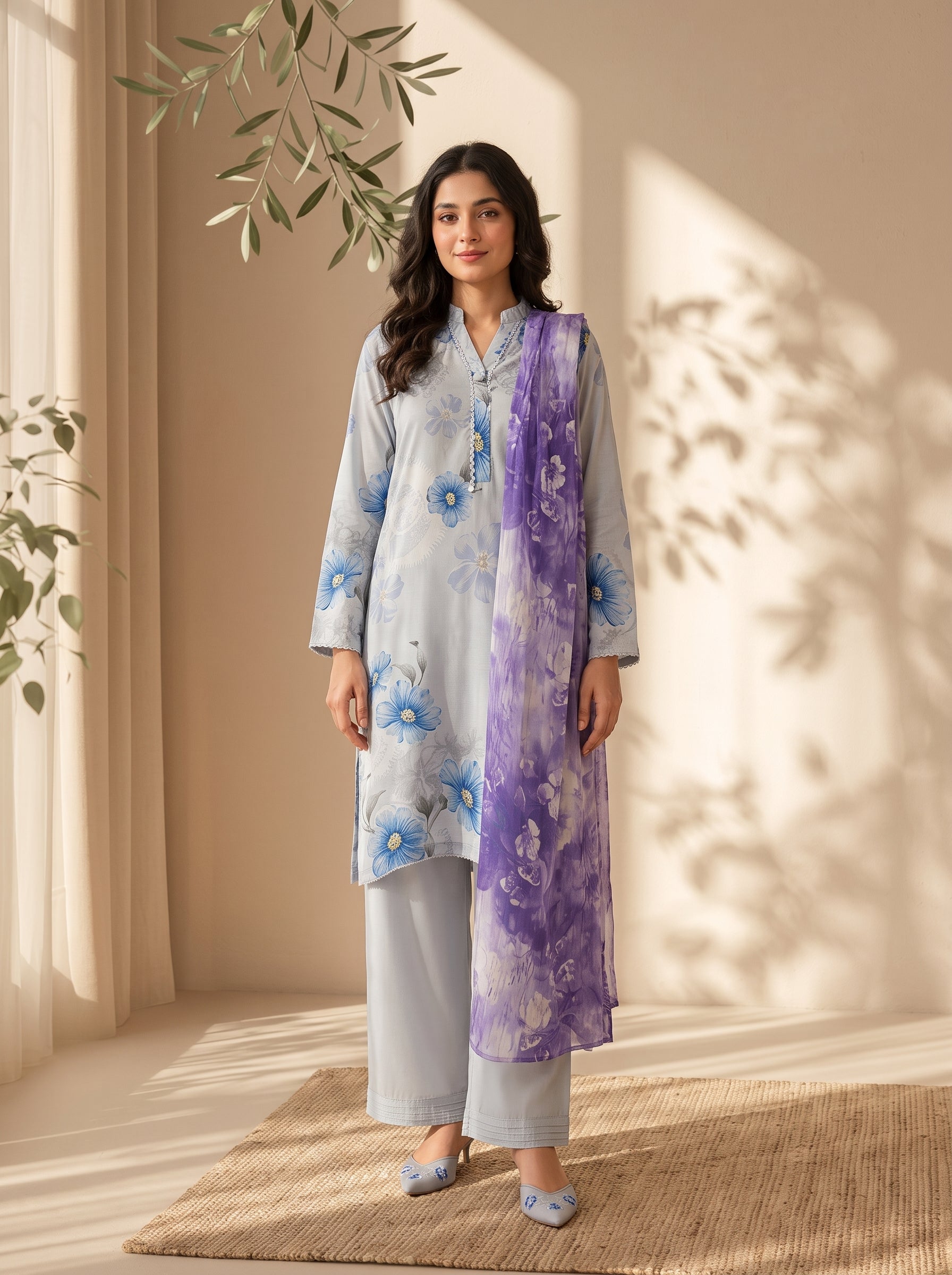 Women's soft lilac unstitched viscose suit with lace-detailed placket