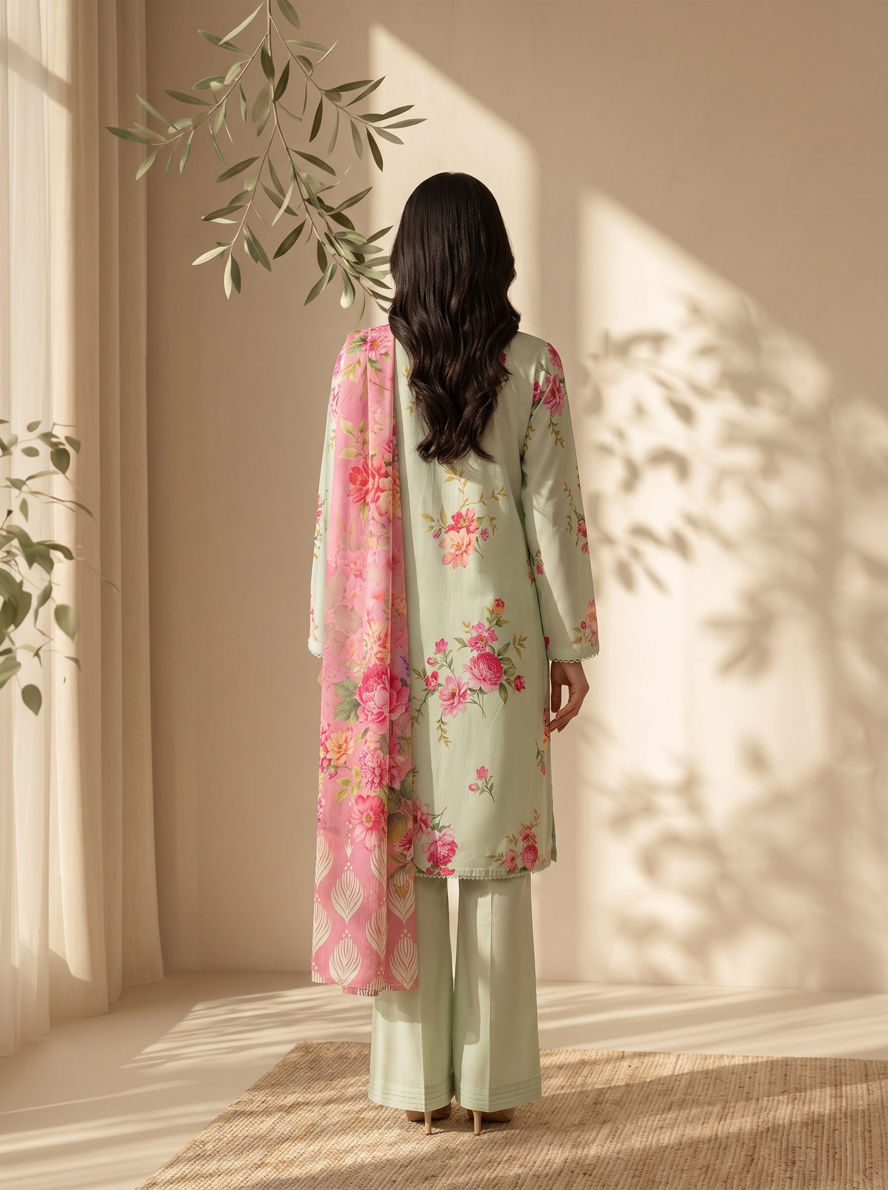 Pistachio green unstitched 3 Pcs Viscose suit for women with blush-pink floral dupatta