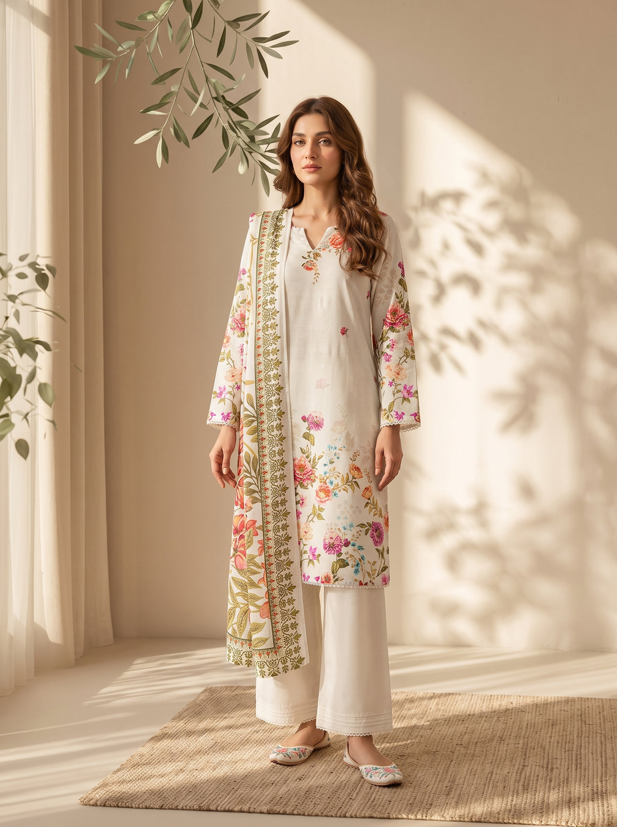 3 Pcs Unstitched Printed Dobby Viscose Suit in off-white for women