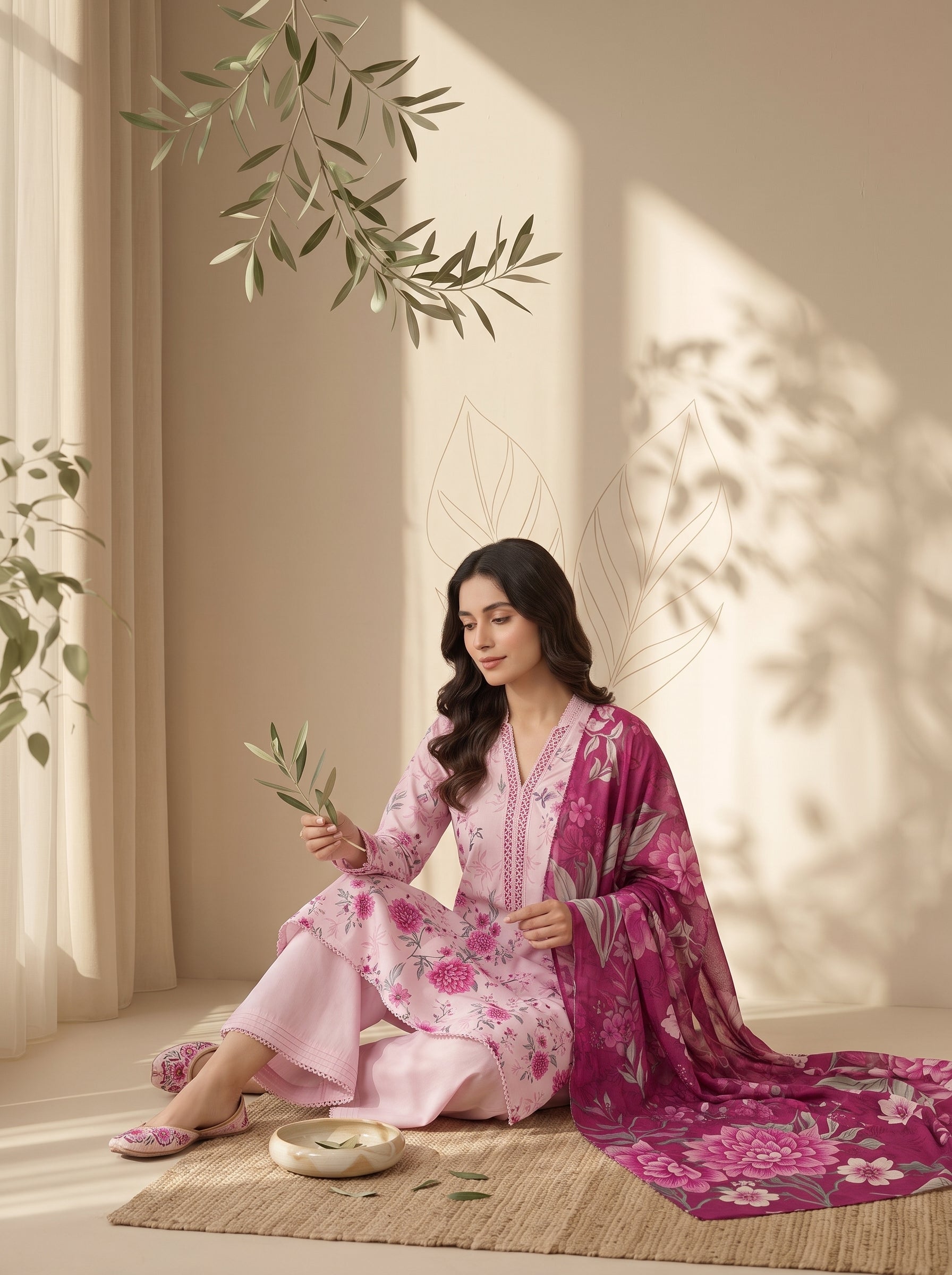 Baby pink magenta floral print on unstitched viscose suit for women