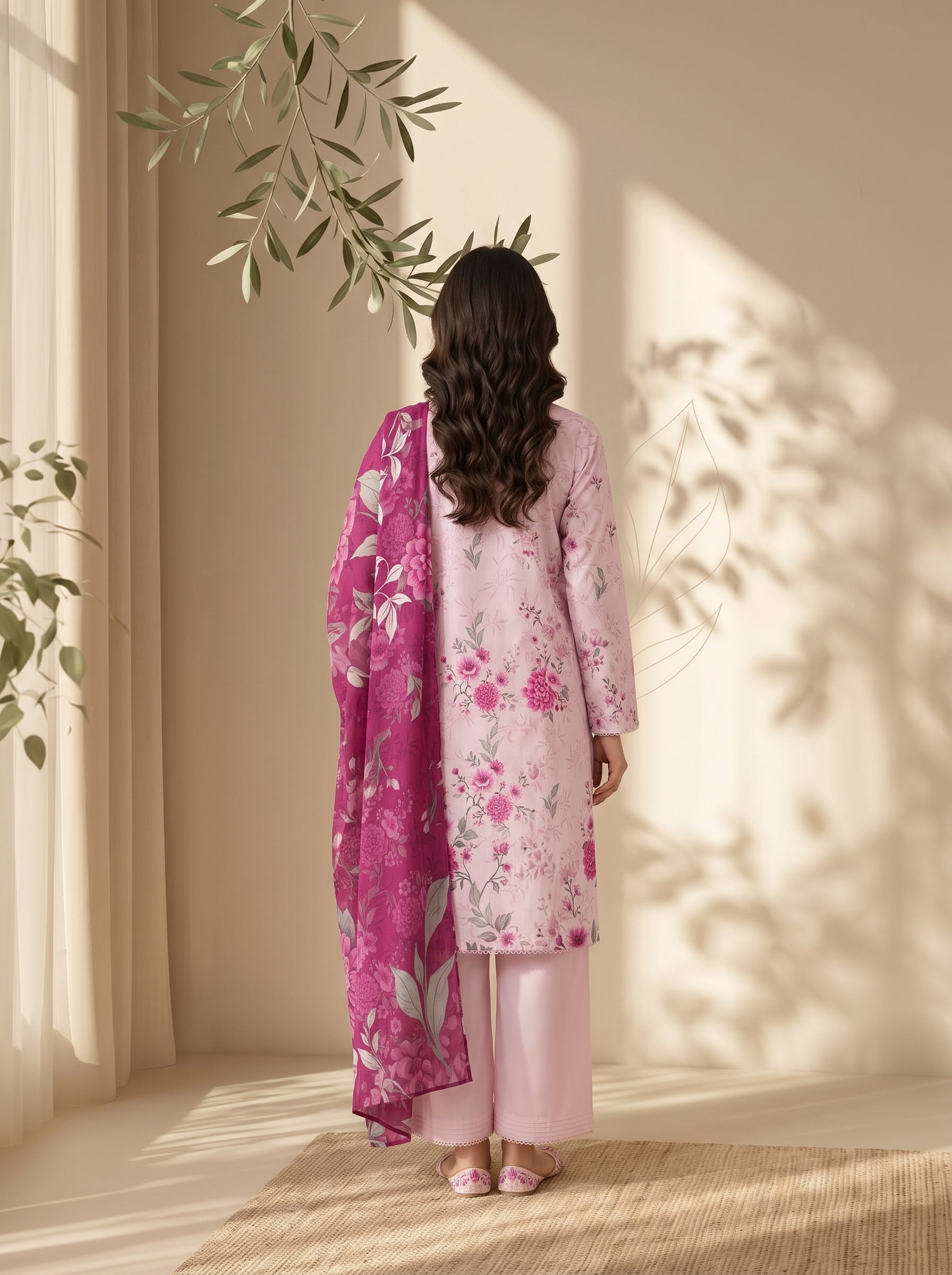 Baby pink unstitched 3 Pcs Viscose suit for women with berry floral dupatta