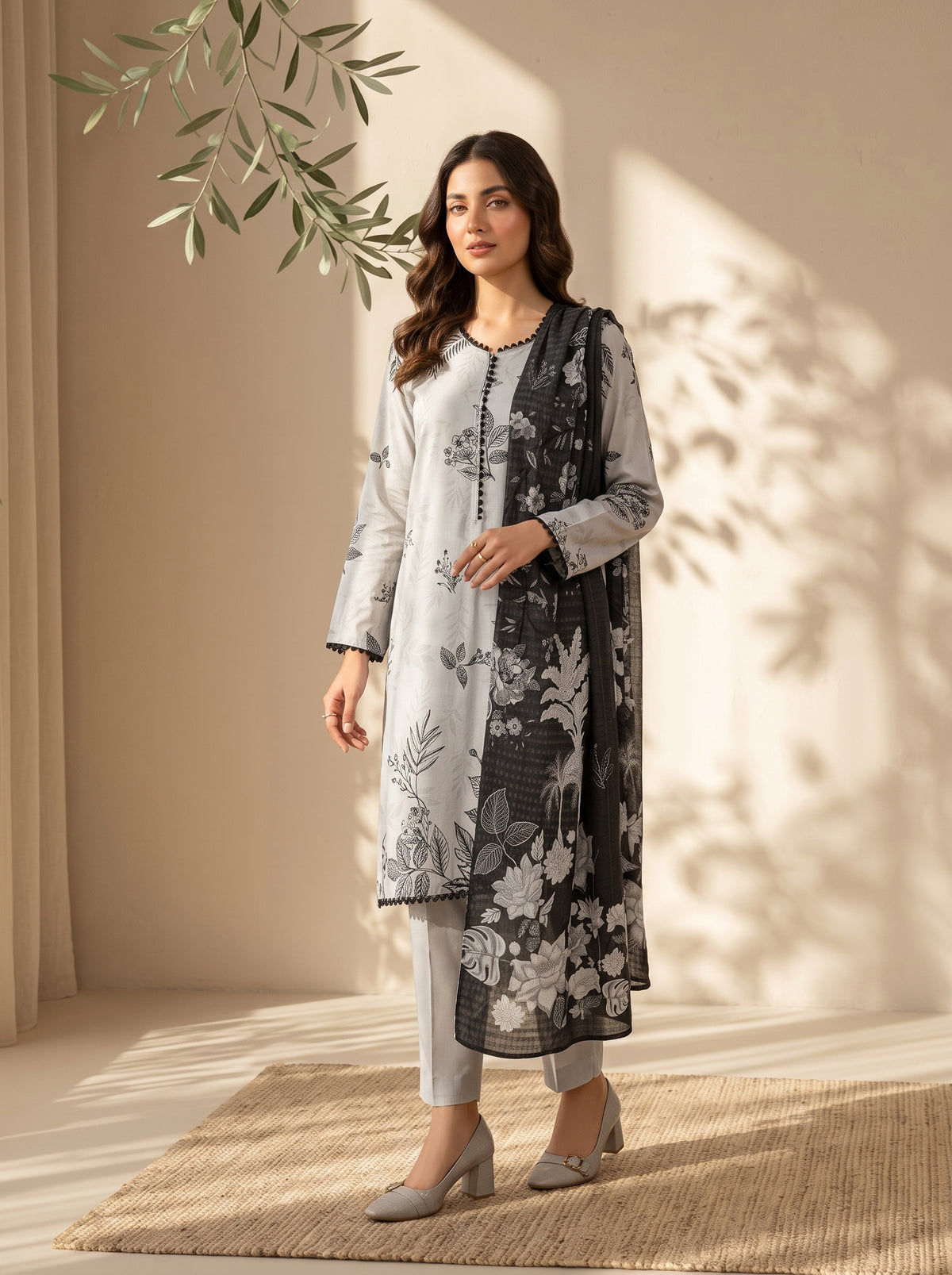 3 Pcs Unstitched Printed Dobby Viscose Suit in light grey for women