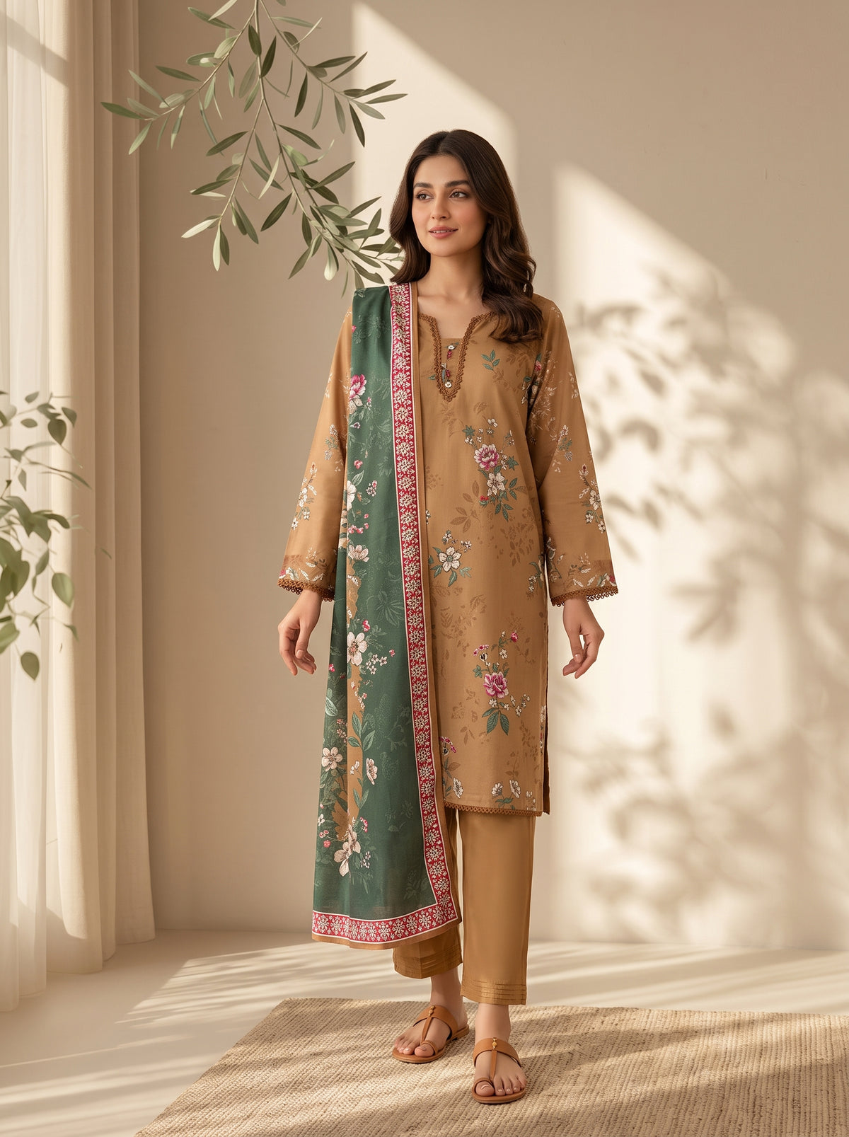 Soft light grey black-and-white botanical print on unstitched viscose suit for women