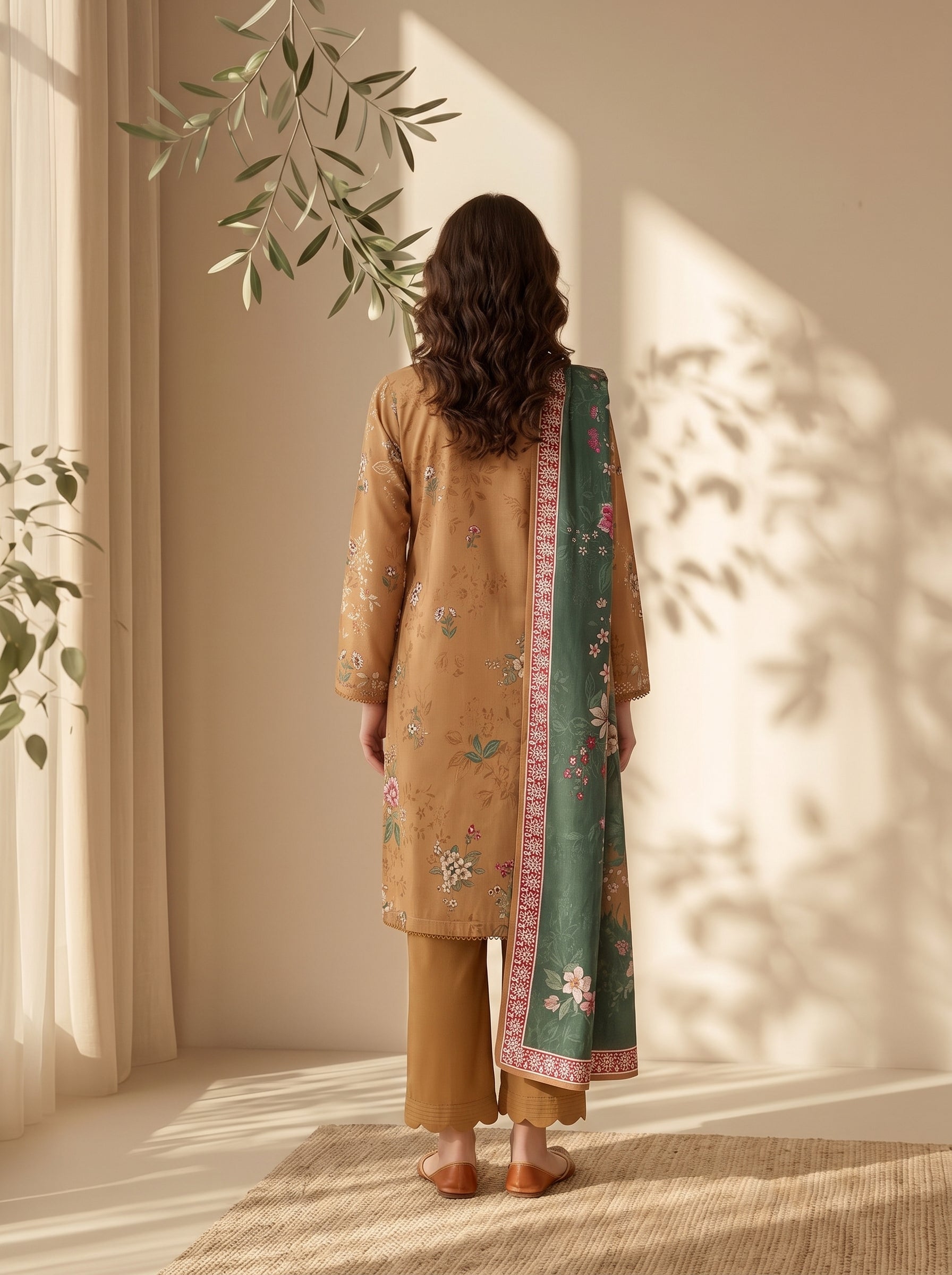 Soft light grey unstitched 3 Pcs Viscose suit for women with black floral-printed dupatta