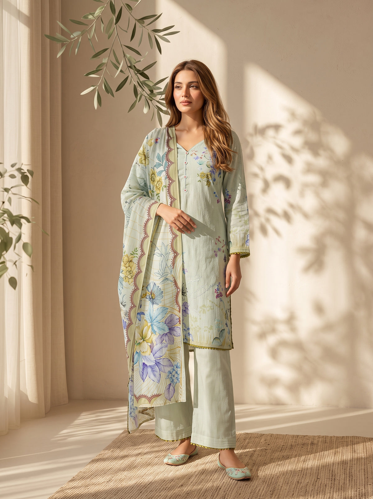 3 Pcs Unstitched Printed Dobby Viscose Suit in mint ice for women
