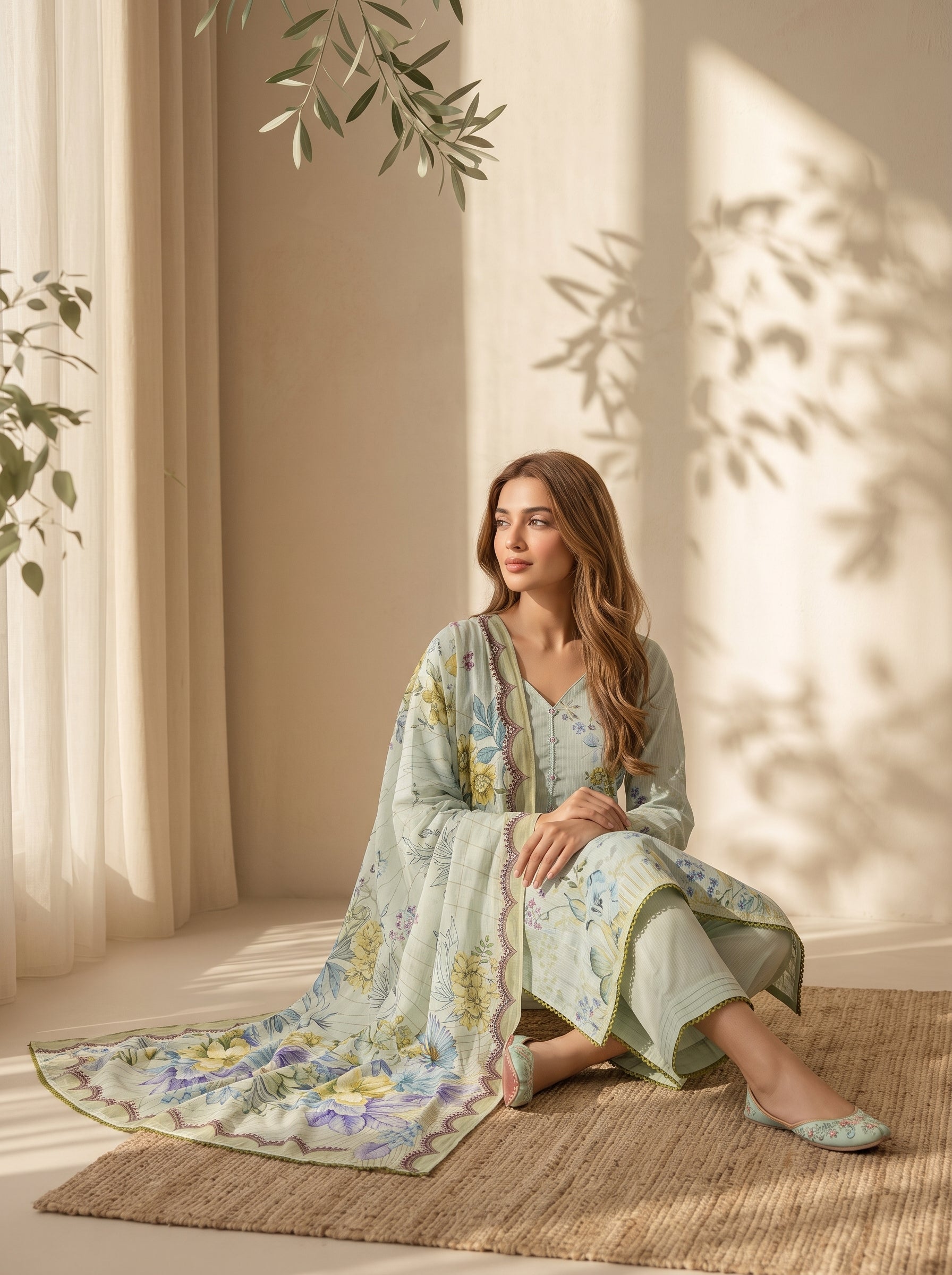 Mint ice botanical floral print on unstitched viscose suit for women
