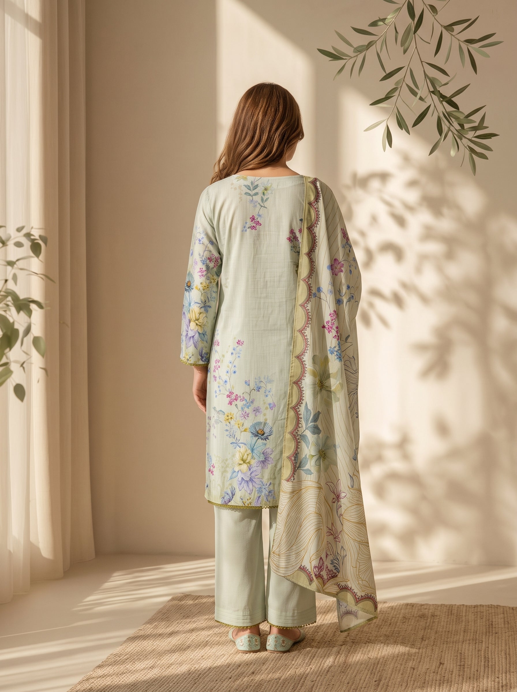 Mint ice unstitched 3 Pcs Viscose suit for women with pastel floral scalloped dupatta