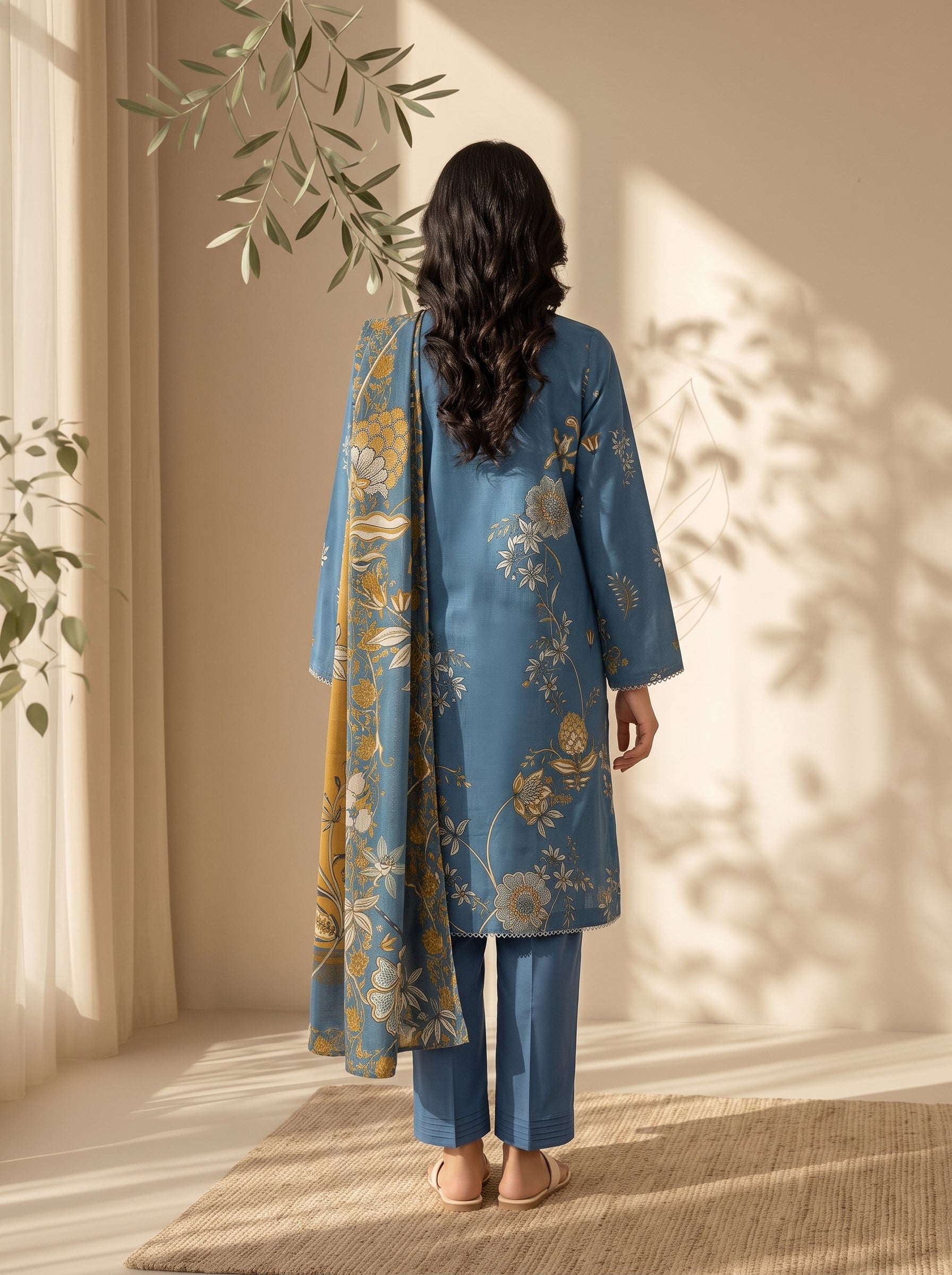 Steel blue unstitched 3 Pcs Viscose suit for women with ochre and slate printed dupatta