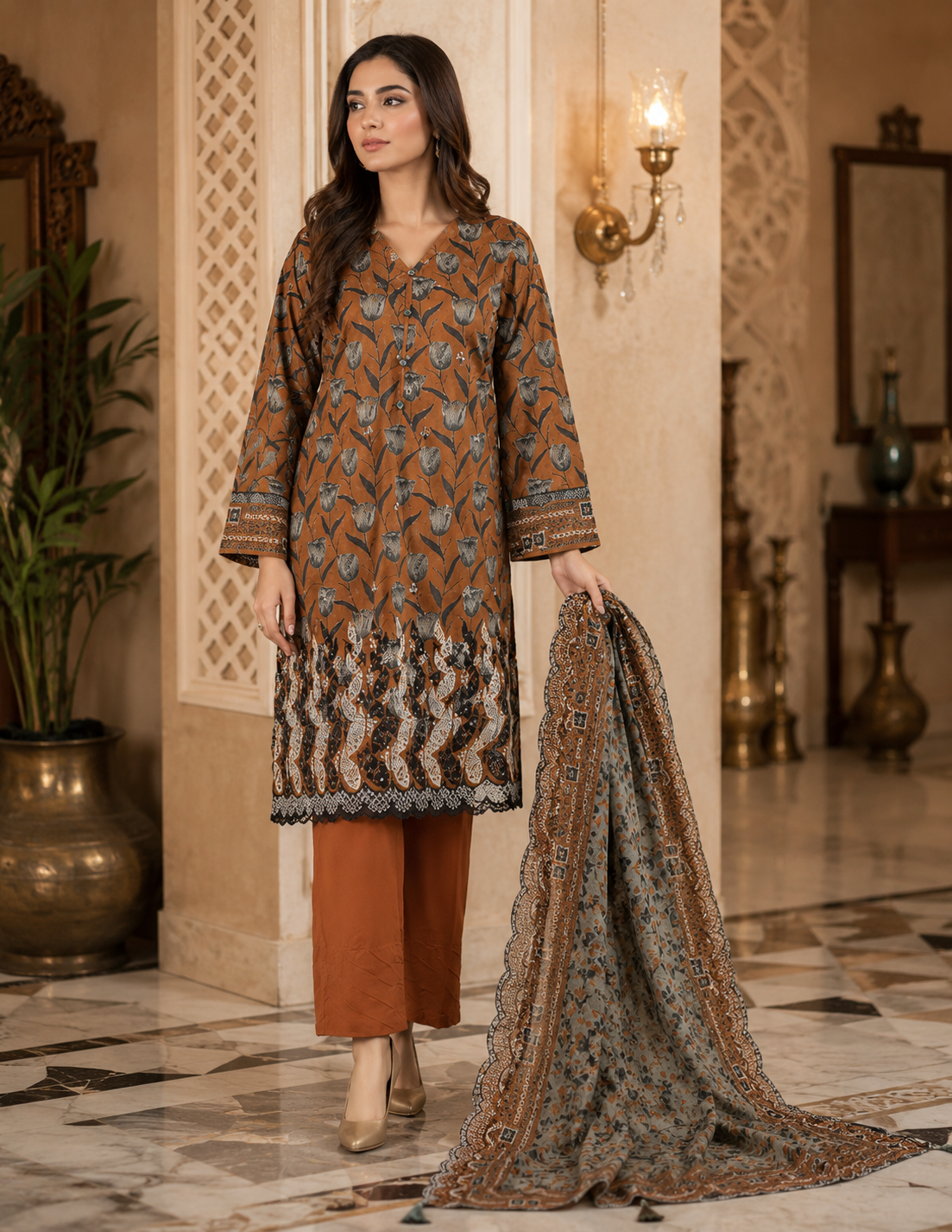Rust floral print unstitched 3-piece embroidered lawn suit with silk dupatta and cutwork daman