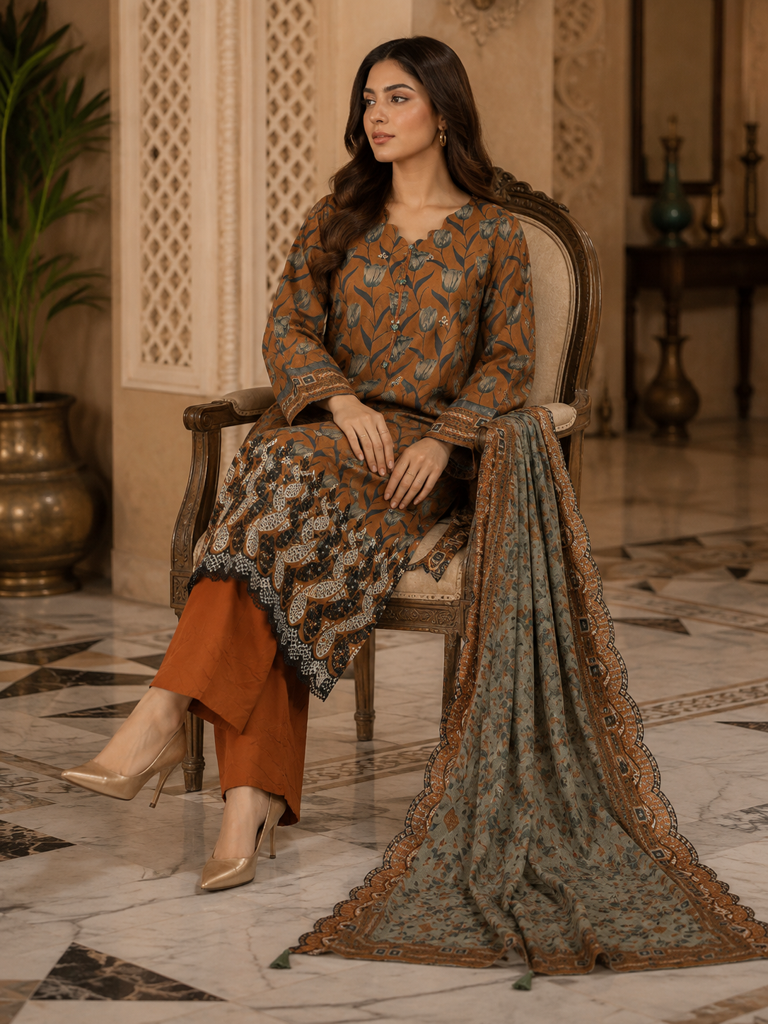 Rust floral print unstitched 3-piece embroidered lawn suit with silk dupatta and cutwork daman