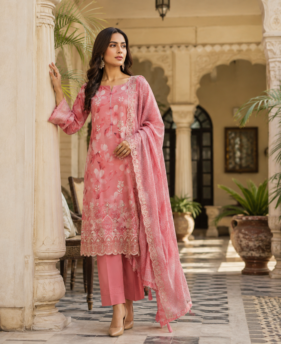 Pink floral print unstitched 3-piece embroidered schiffli lawn suit with organza dupatta