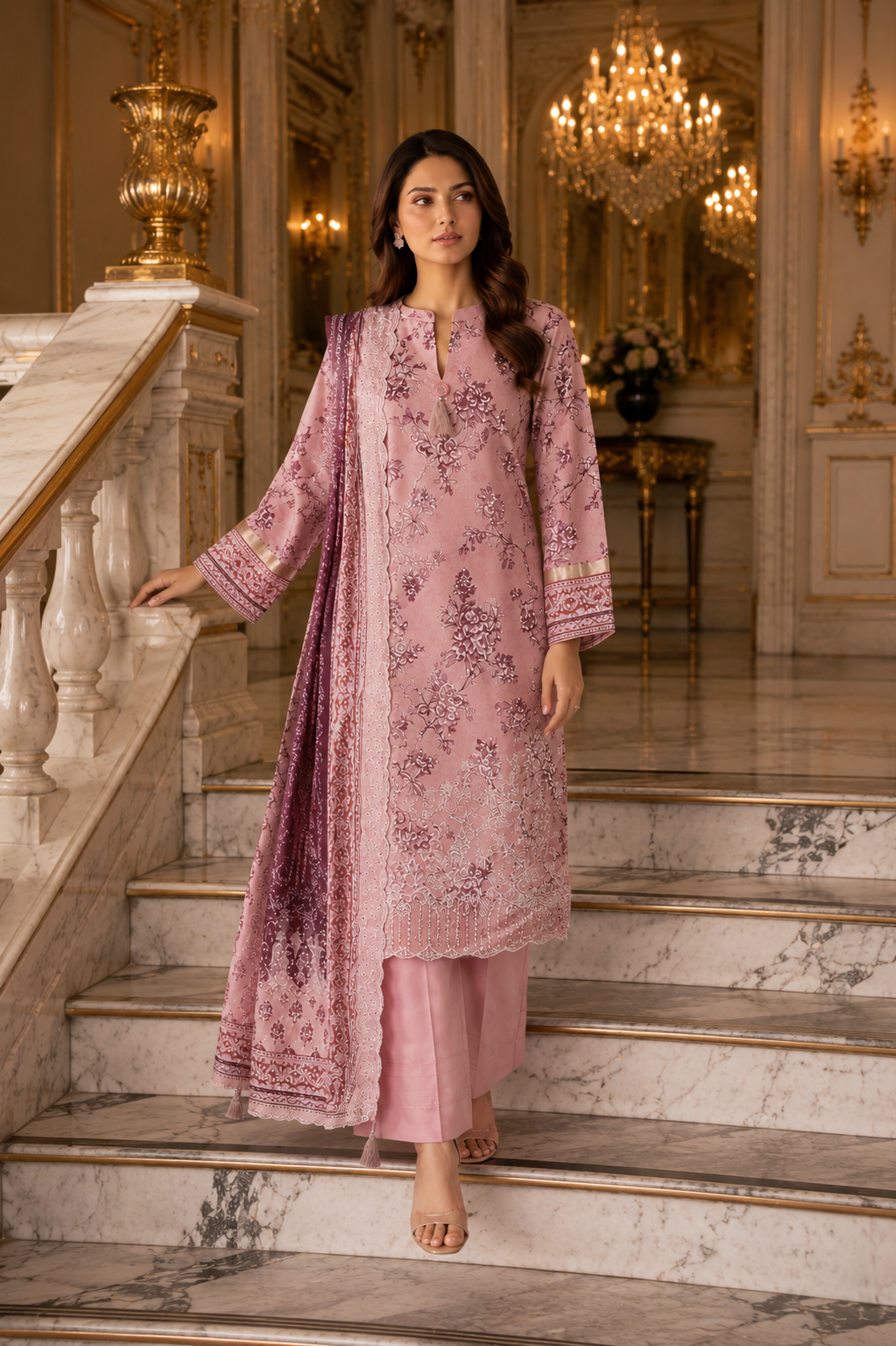 Pink unstitched 3-piece embroidered schiffli lawn suit with chiffon dupatta