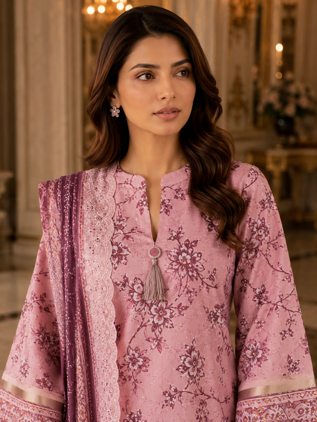 Pink unstitched 3-piece embroidered schiffli lawn suit with chiffon dupatta