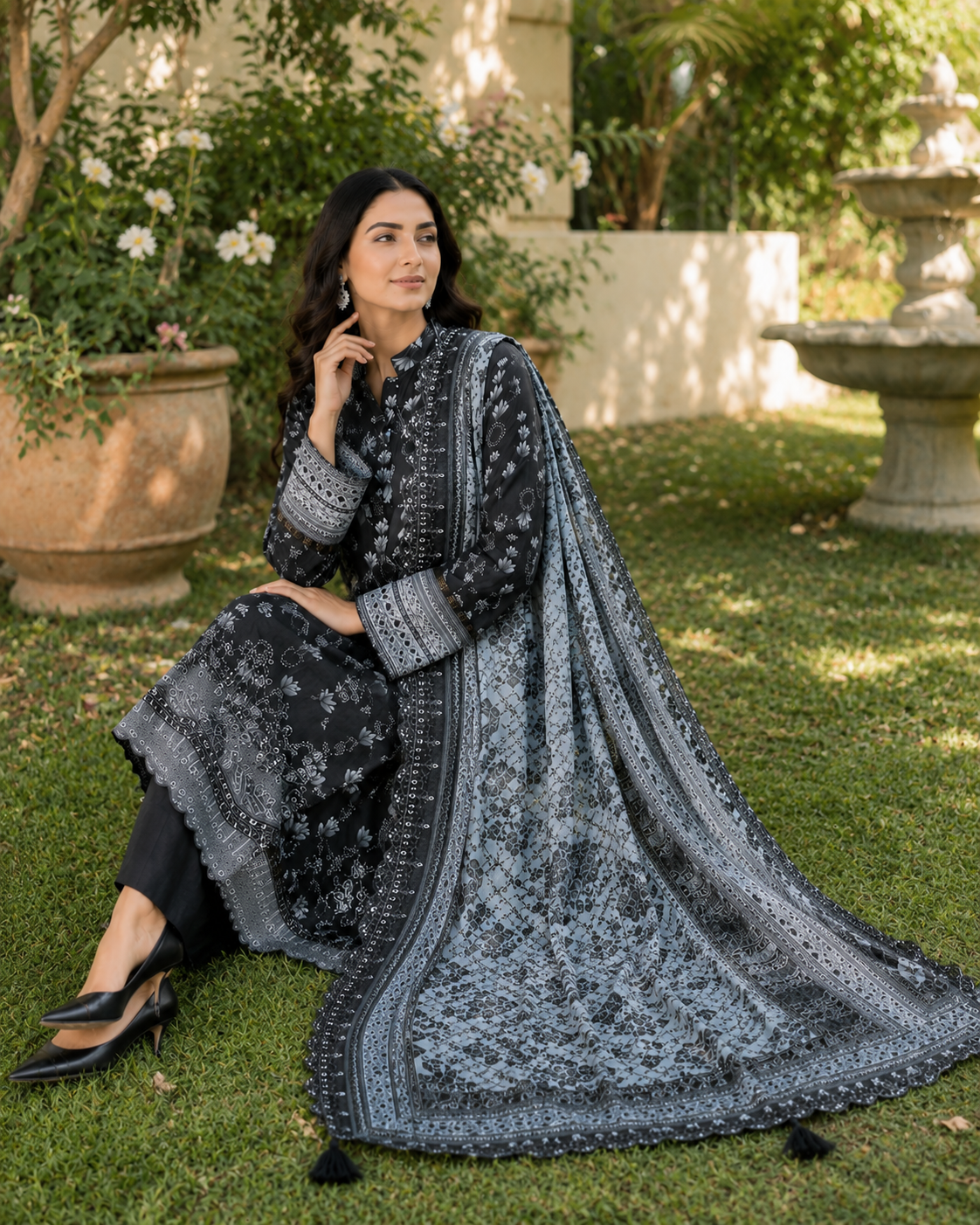 Black monochrome unstitched 3-piece embroidered schiffli lawn suit with chiffon dupatta