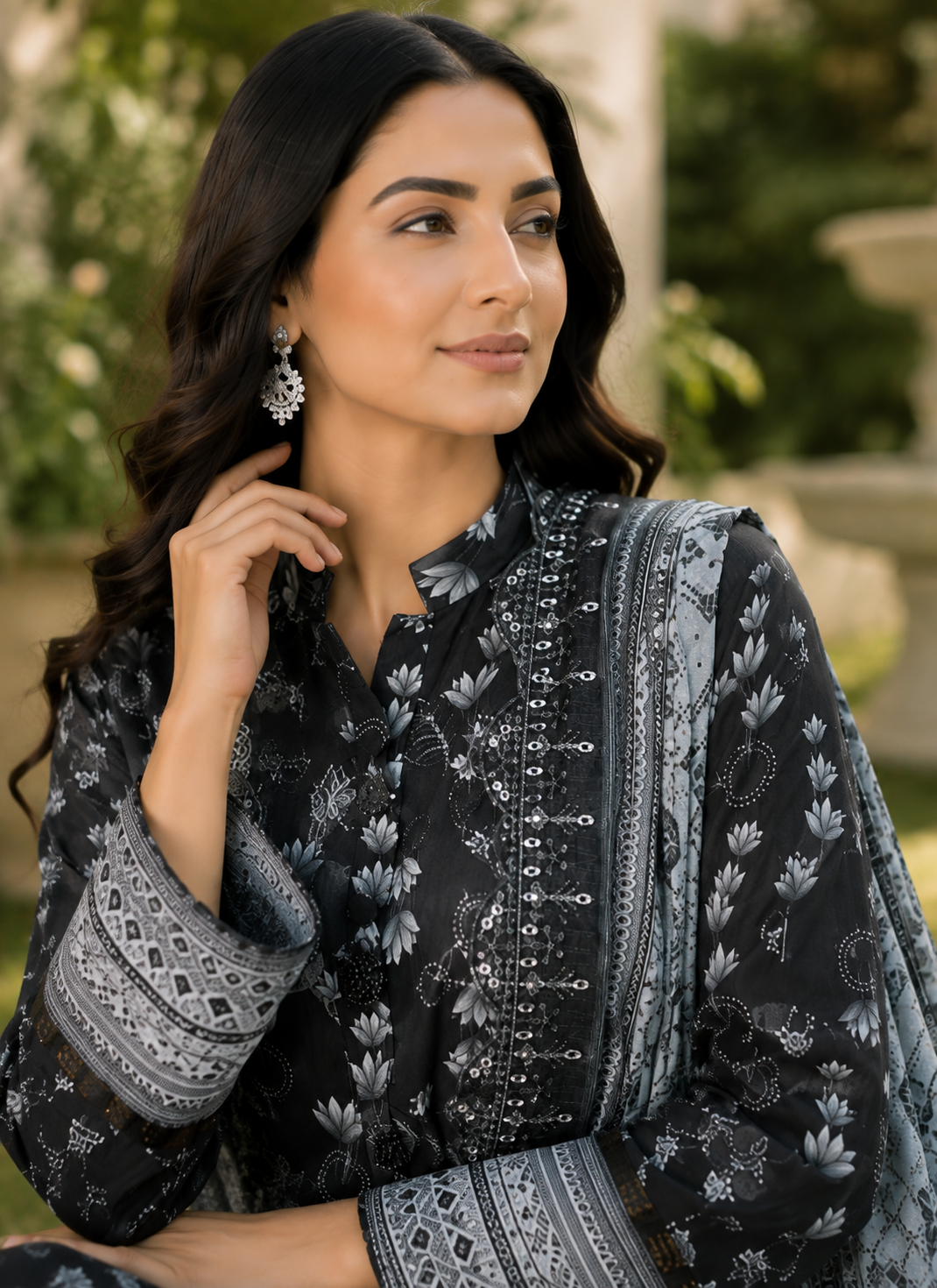 Black monochrome unstitched 3-piece embroidered schiffli lawn suit with chiffon dupatta