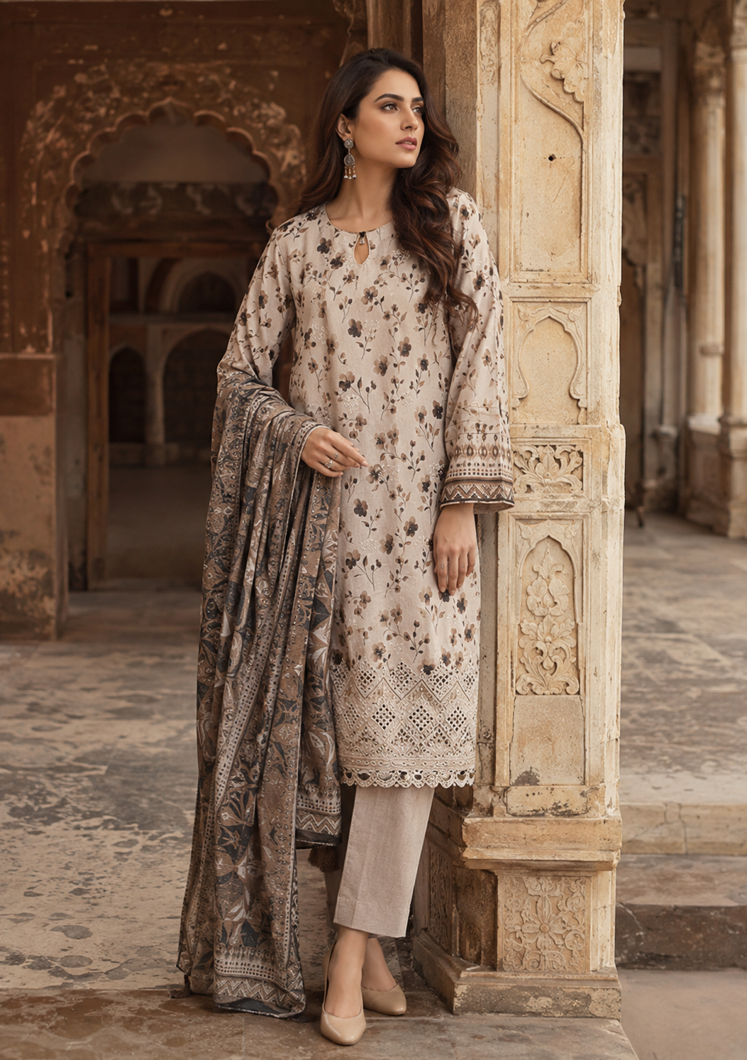 Beige unstitched three-piece embroidered lawn suit with geometric cutwork