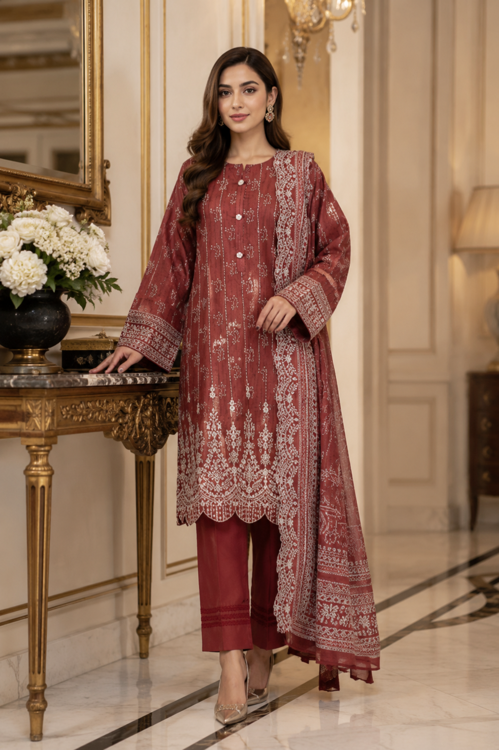Maroon rust geometric print unstitched 3-piece lawn suit with voile dupatta