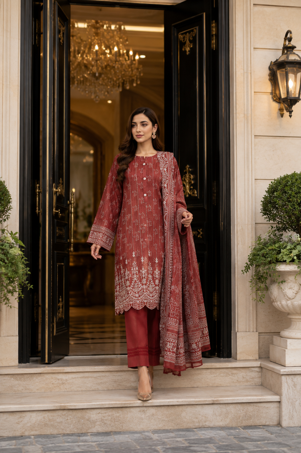 Maroon rust geometric print unstitched 3-piece lawn suit with voile dupatta