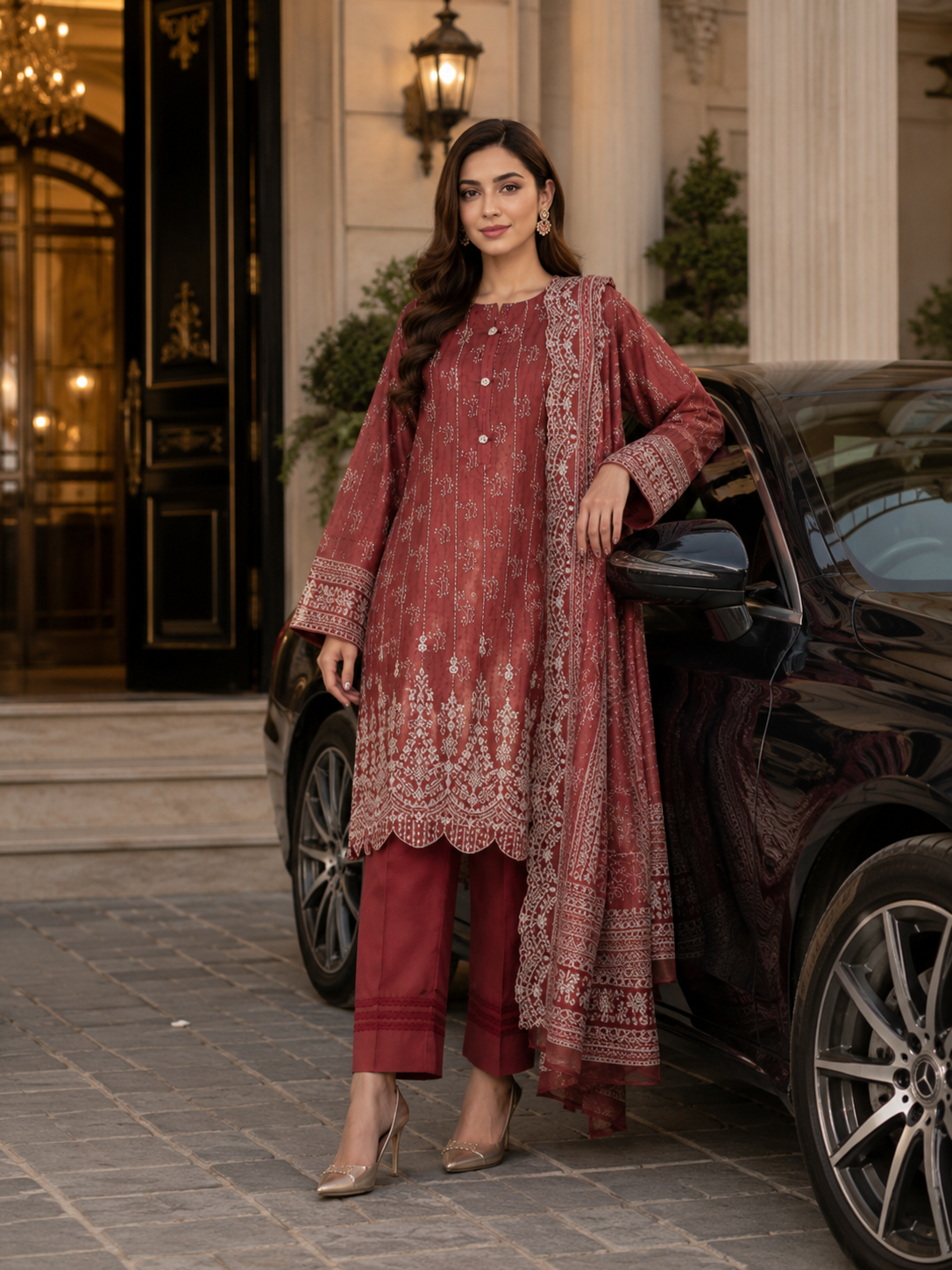 Maroon rust geometric print unstitched 3-piece lawn suit with voile dupatta