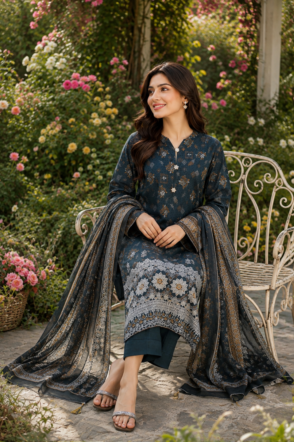 Teal geometric print unstitched 3-piece lawn suit with voile dupatta