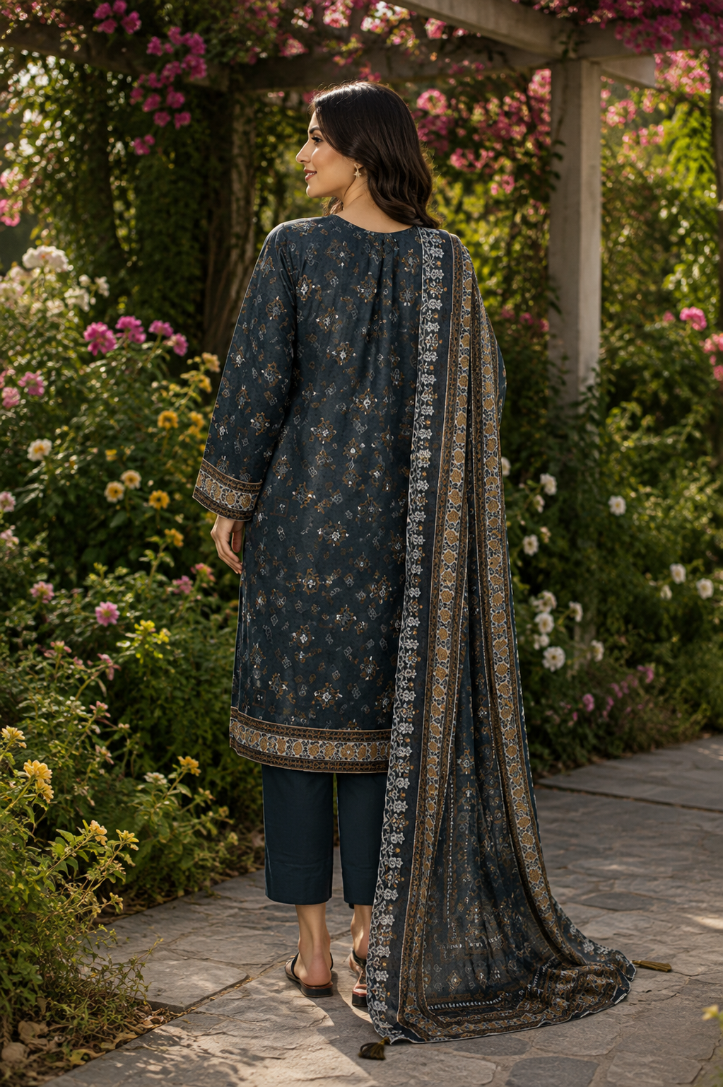 Teal geometric print unstitched 3-piece lawn suit with voile dupatta