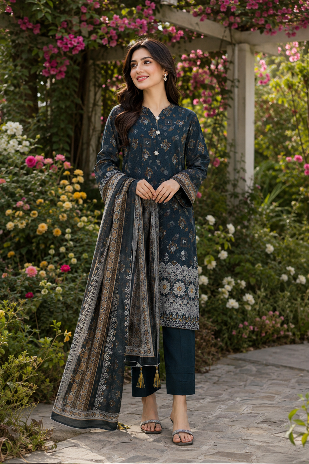 Teal geometric print unstitched 3-piece lawn suit with voile dupatta