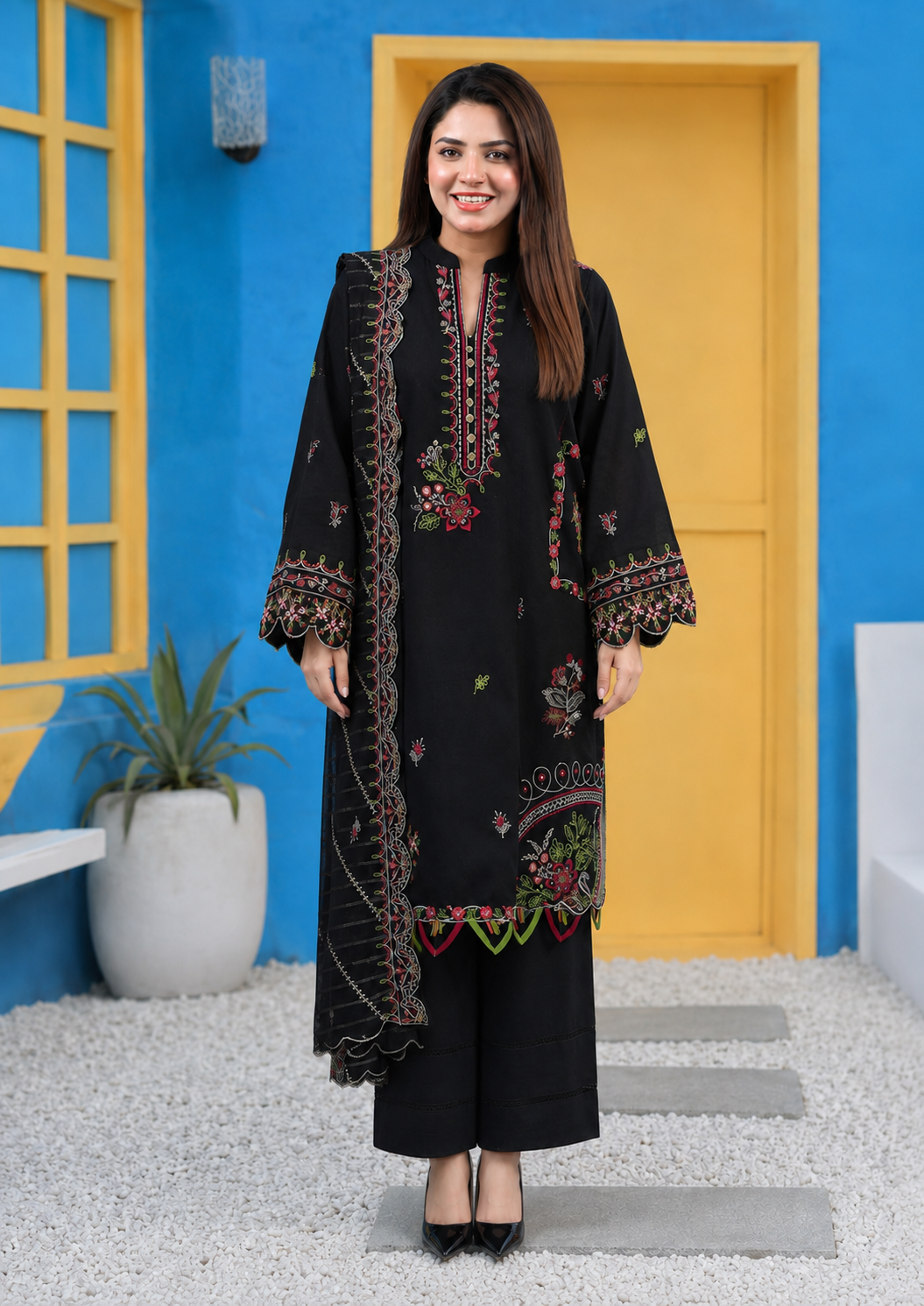 Black unstitched three-piece embroidered lawn suit with organza dupatta