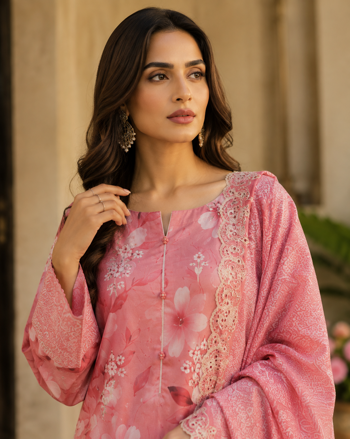 Pink floral print unstitched 3-piece embroidered schiffli lawn suit with organza dupatta