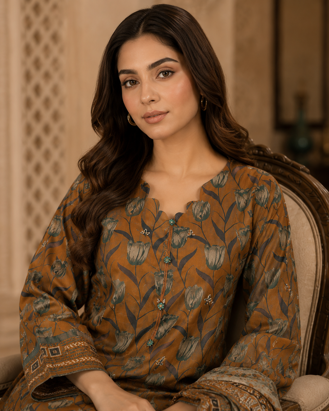 Rust floral print unstitched 3-piece embroidered lawn suit with silk dupatta and cutwork daman