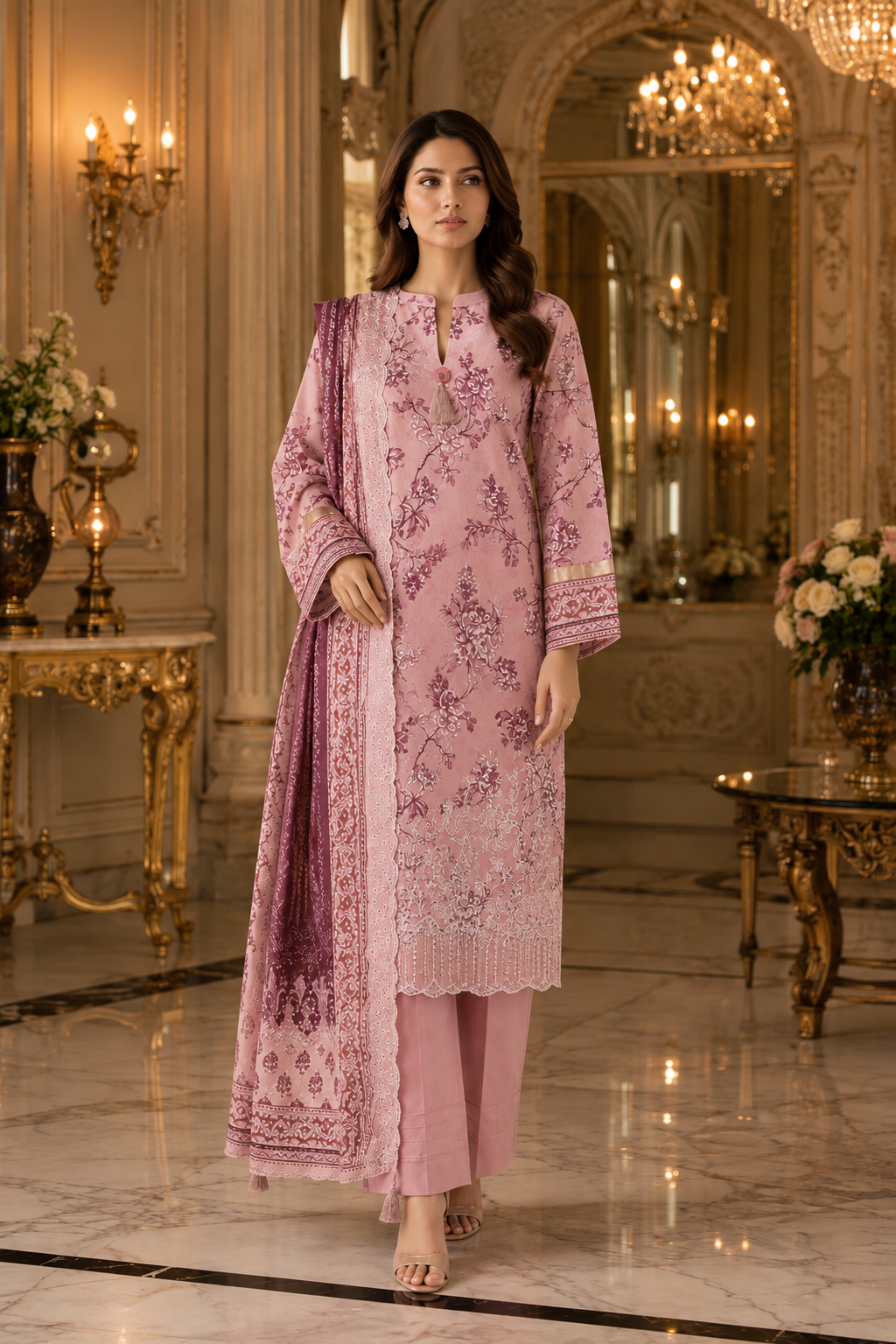 Pink unstitched 3-piece embroidered schiffli lawn suit with chiffon dupatta