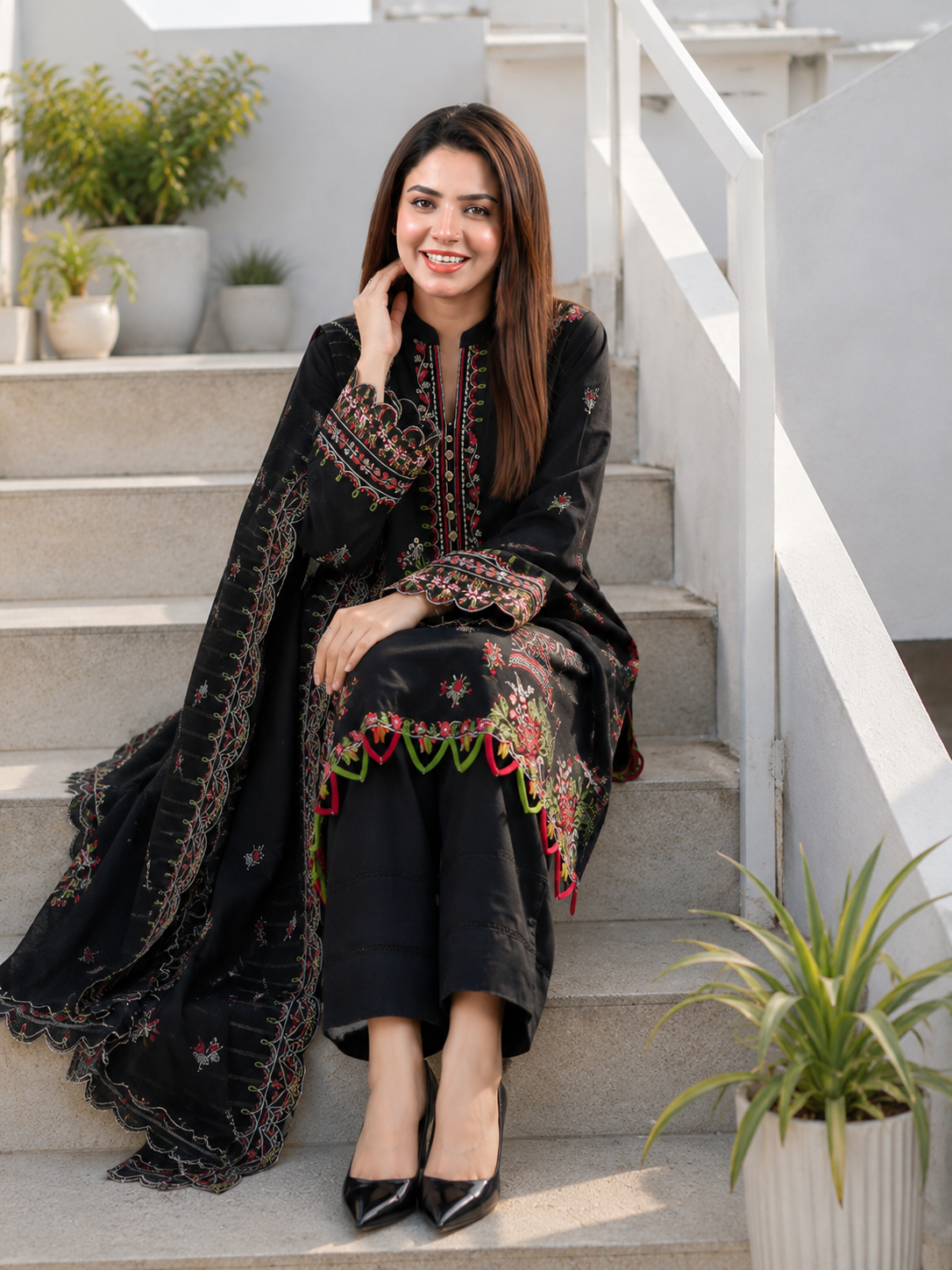 Unstitched black embroidered lawn suit, three-piece