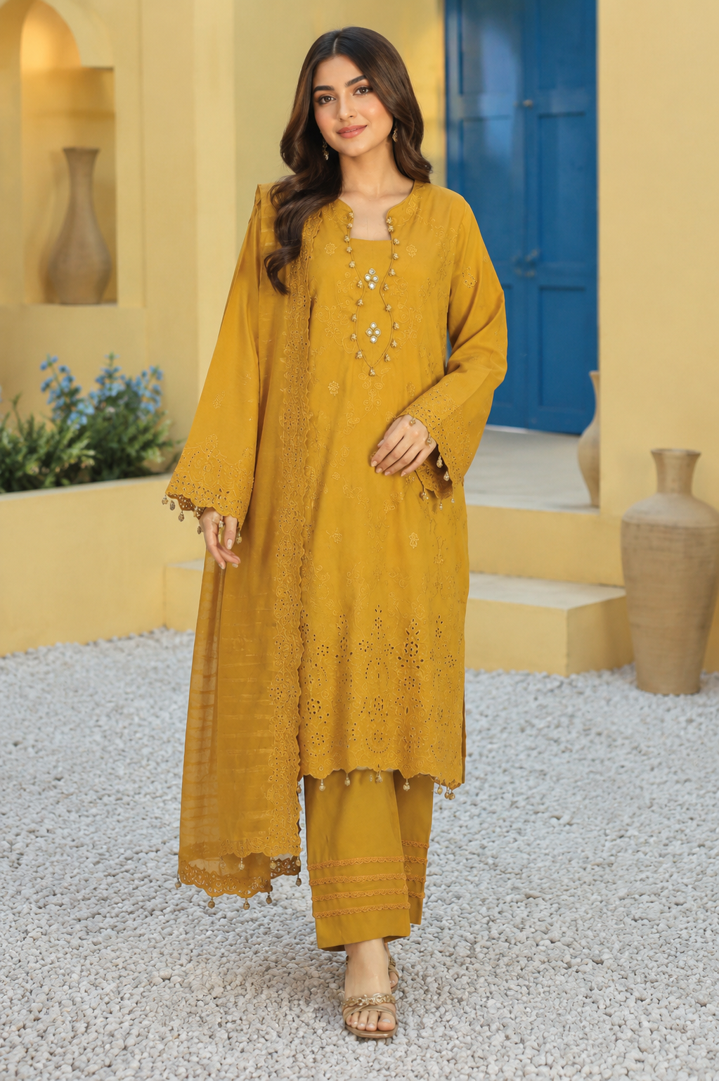 Mustard unstitched three-piece embroidered lawn suit with organza dupatta